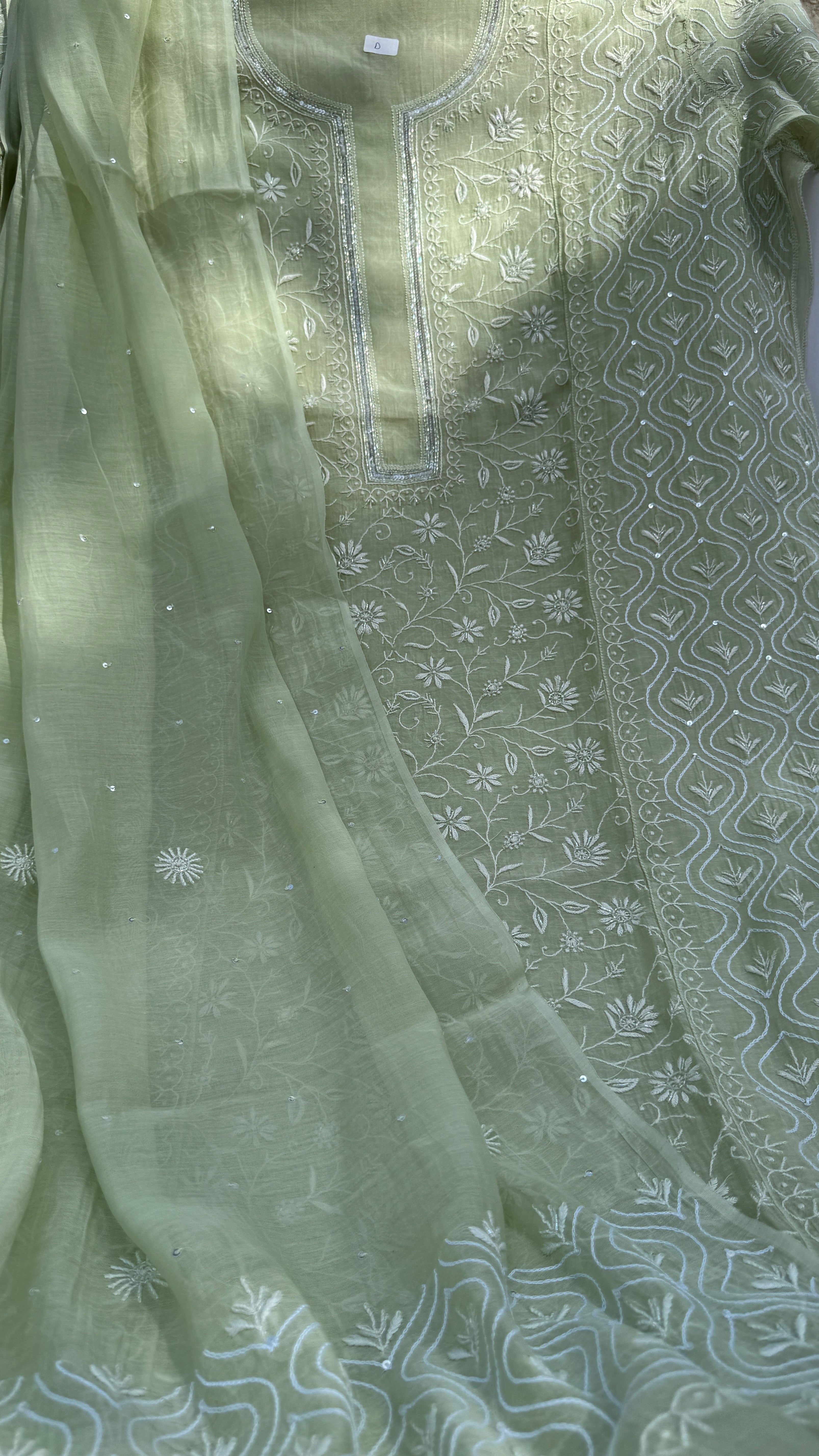 Mul Chanderi Chikankari - Unstitched Set - Pista Green