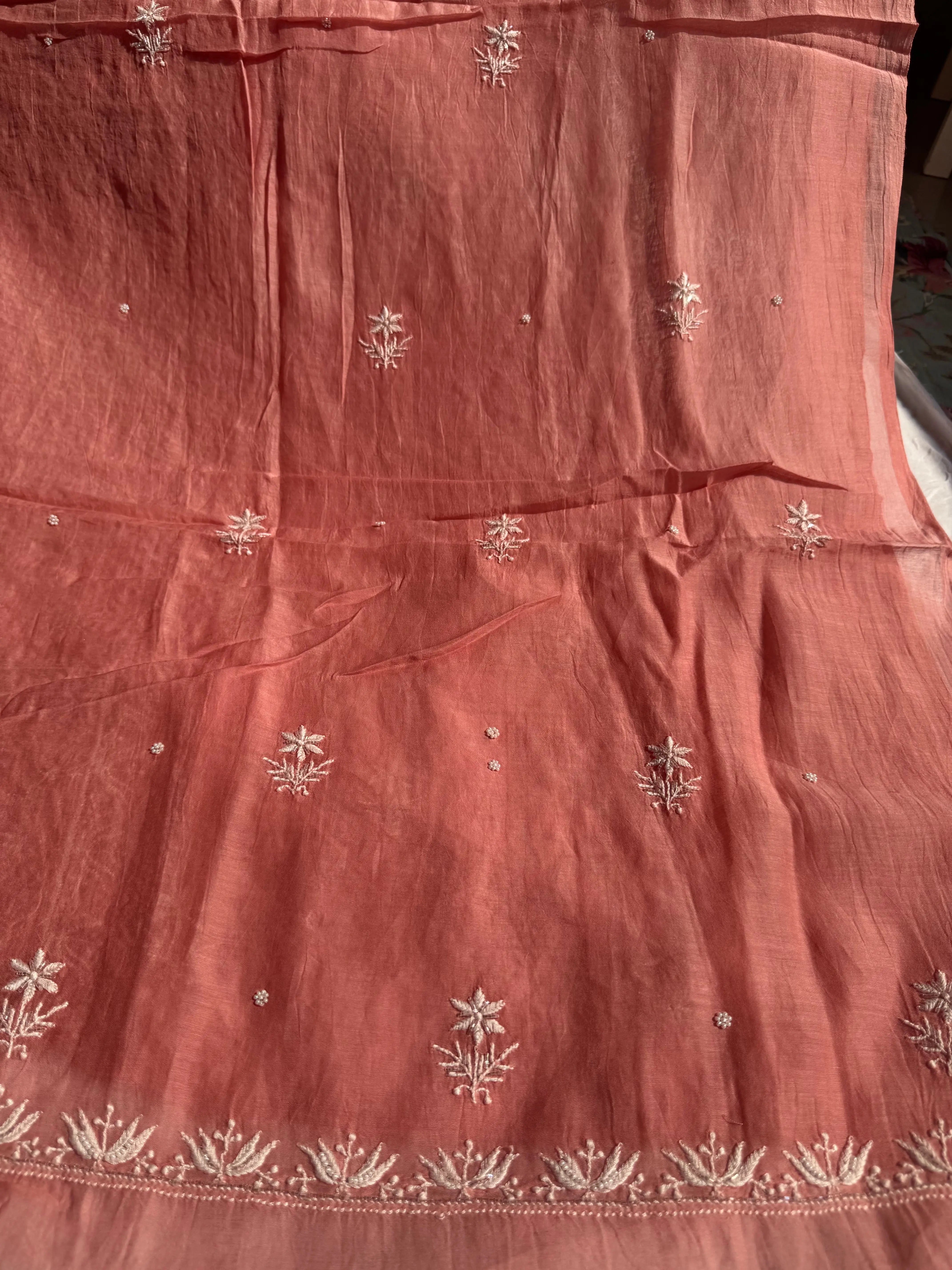 Mul Chanderi Chikankari Set - Rosewood ARIAA CHIKANKARI