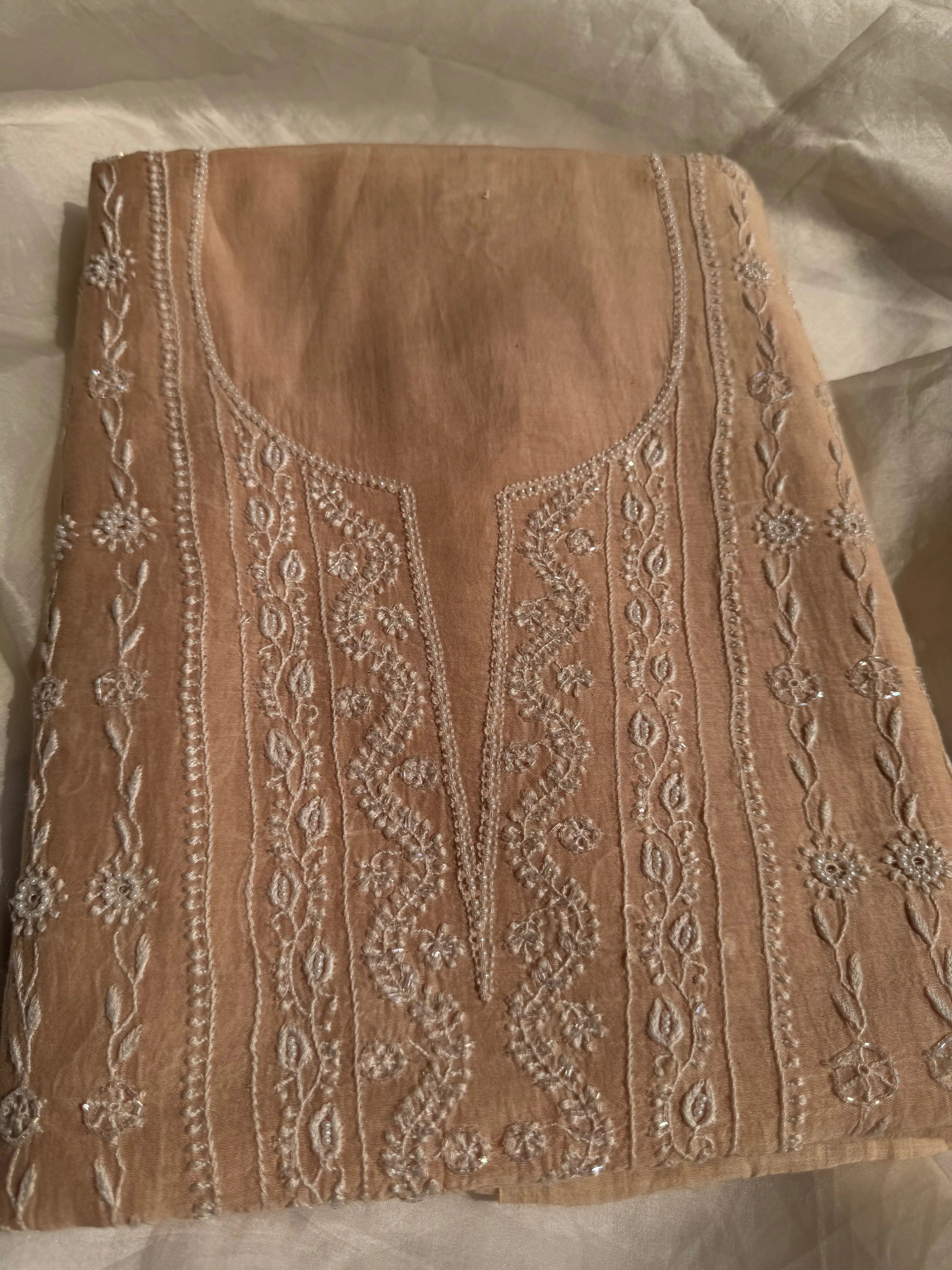 Mul Chanderi Chikankari Set - Peach ARIAA CHIKANKARI