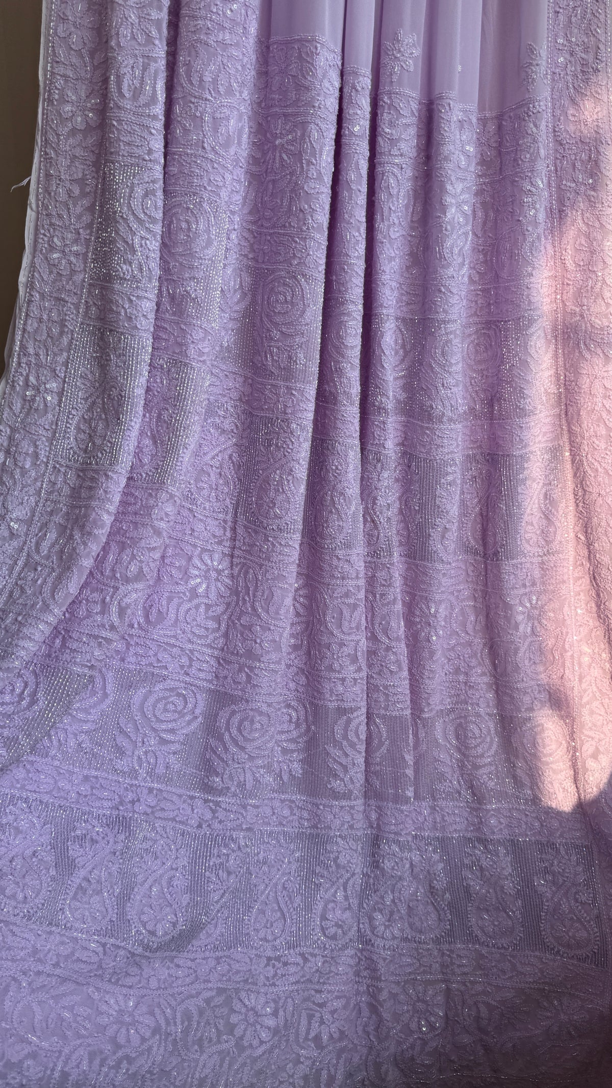Viscose Lavender Chikankari saree with Pearl embellishments