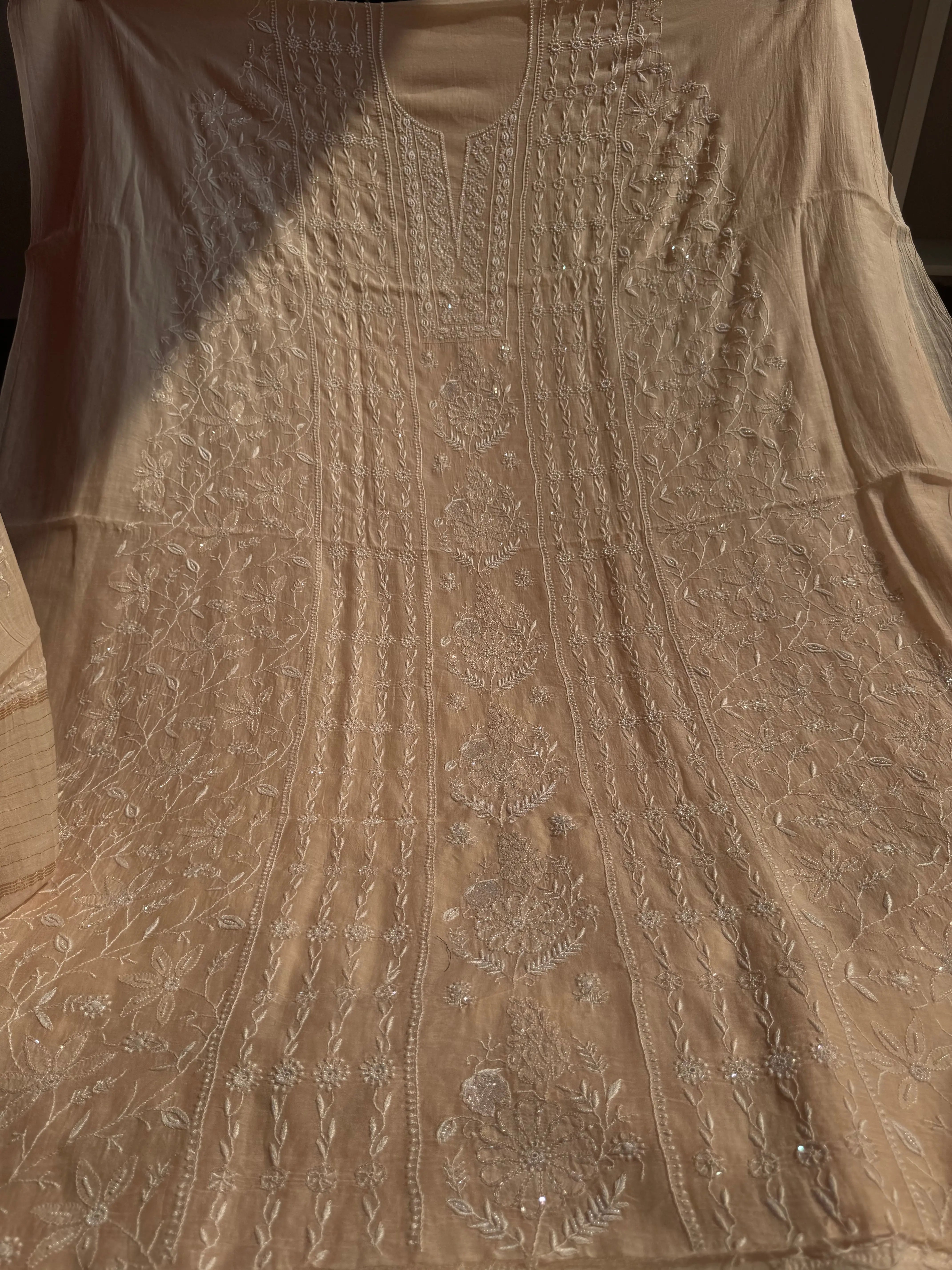 Mul Chanderi Chikankari Set - Peach ARIAA CHIKANKARI