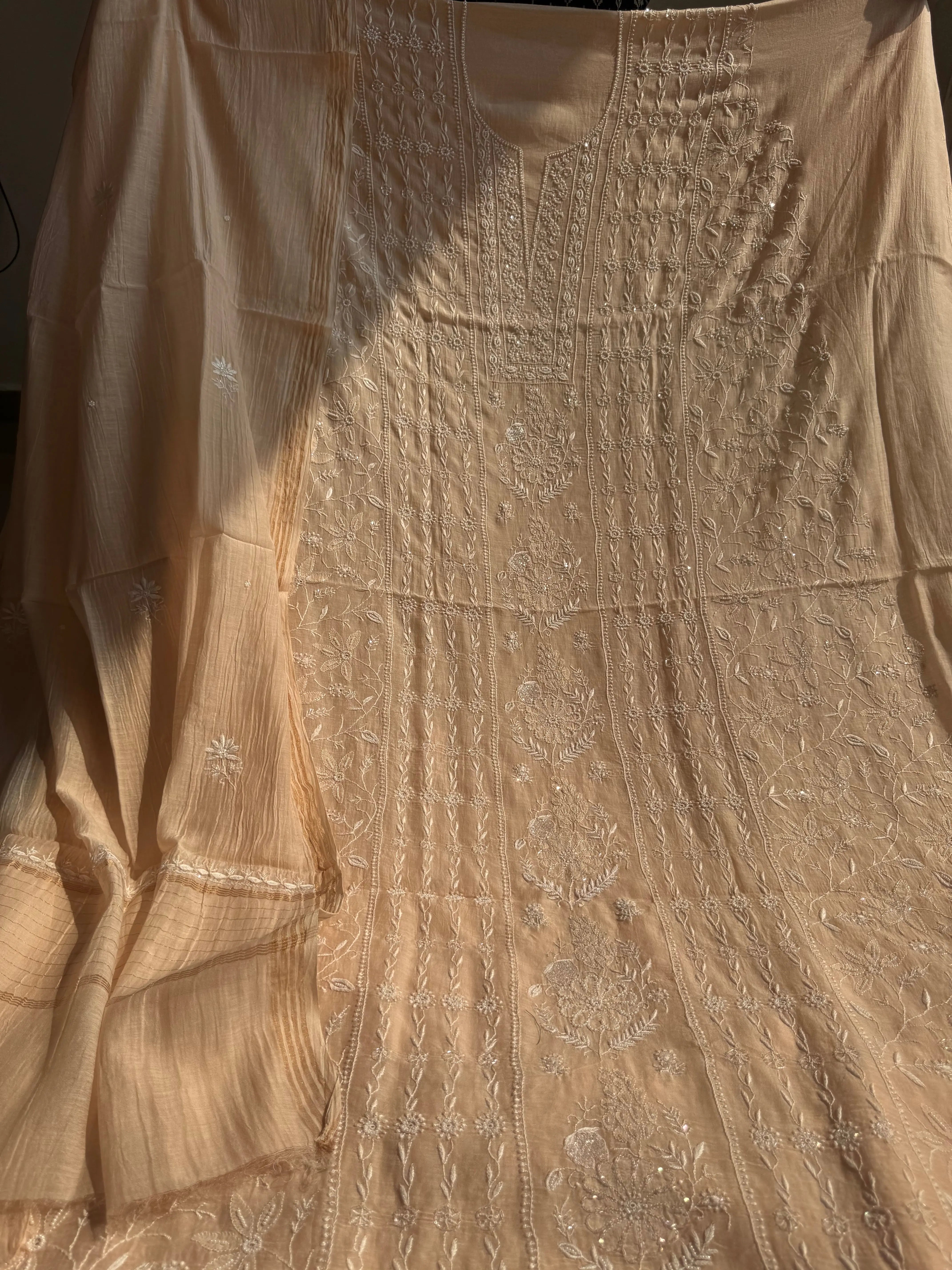 Mul Chanderi Chikankari Set - Peach ARIAA CHIKANKARI