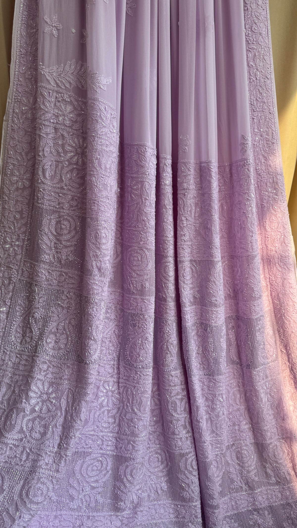 Viscose Lavender Chikankari saree with Pearl embellishments