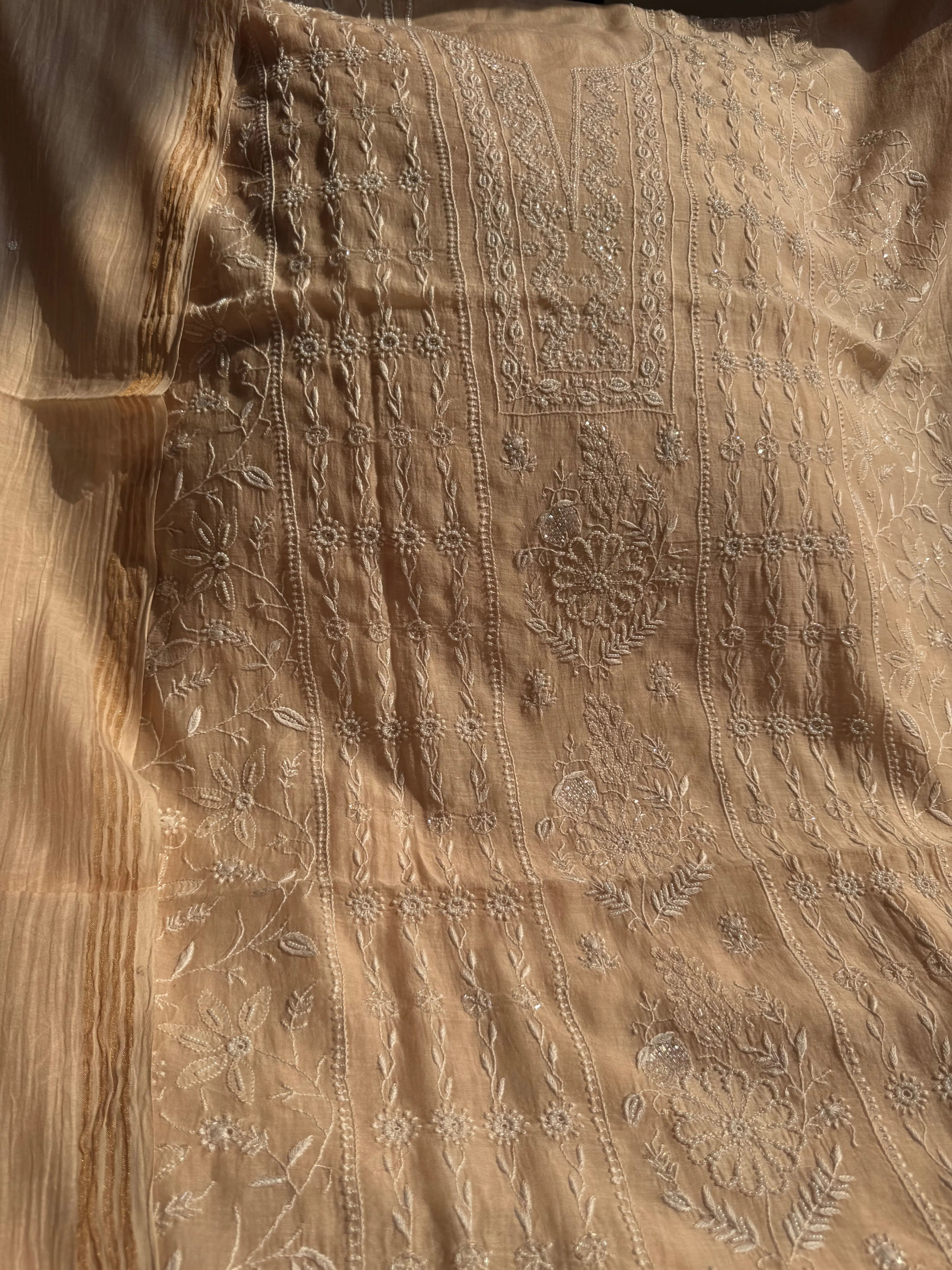 Mul Chanderi Chikankari Set - Peach ARIAA CHIKANKARI
