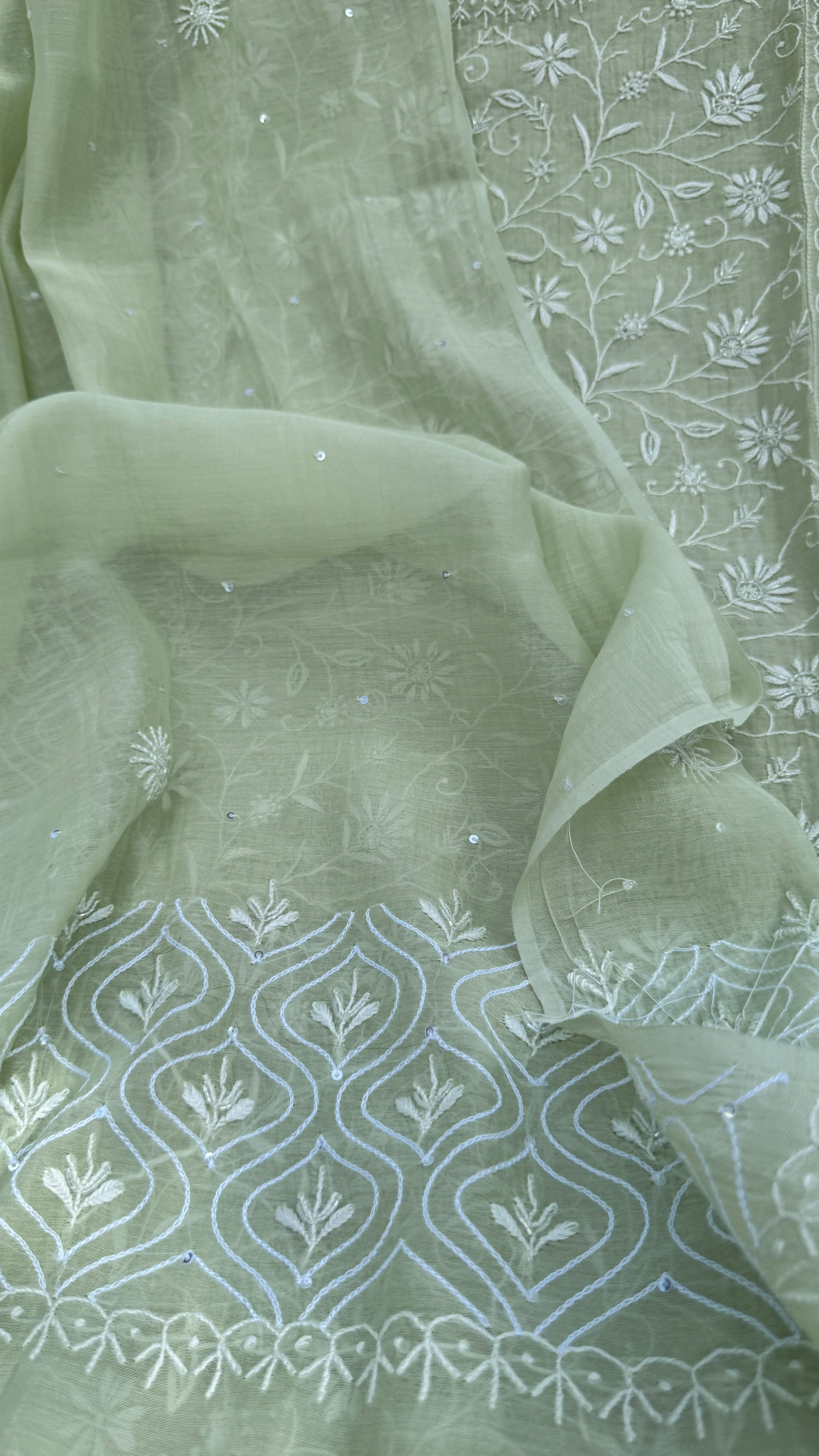 Mul Chanderi Chikankari - Unstitched Set - Pista Green