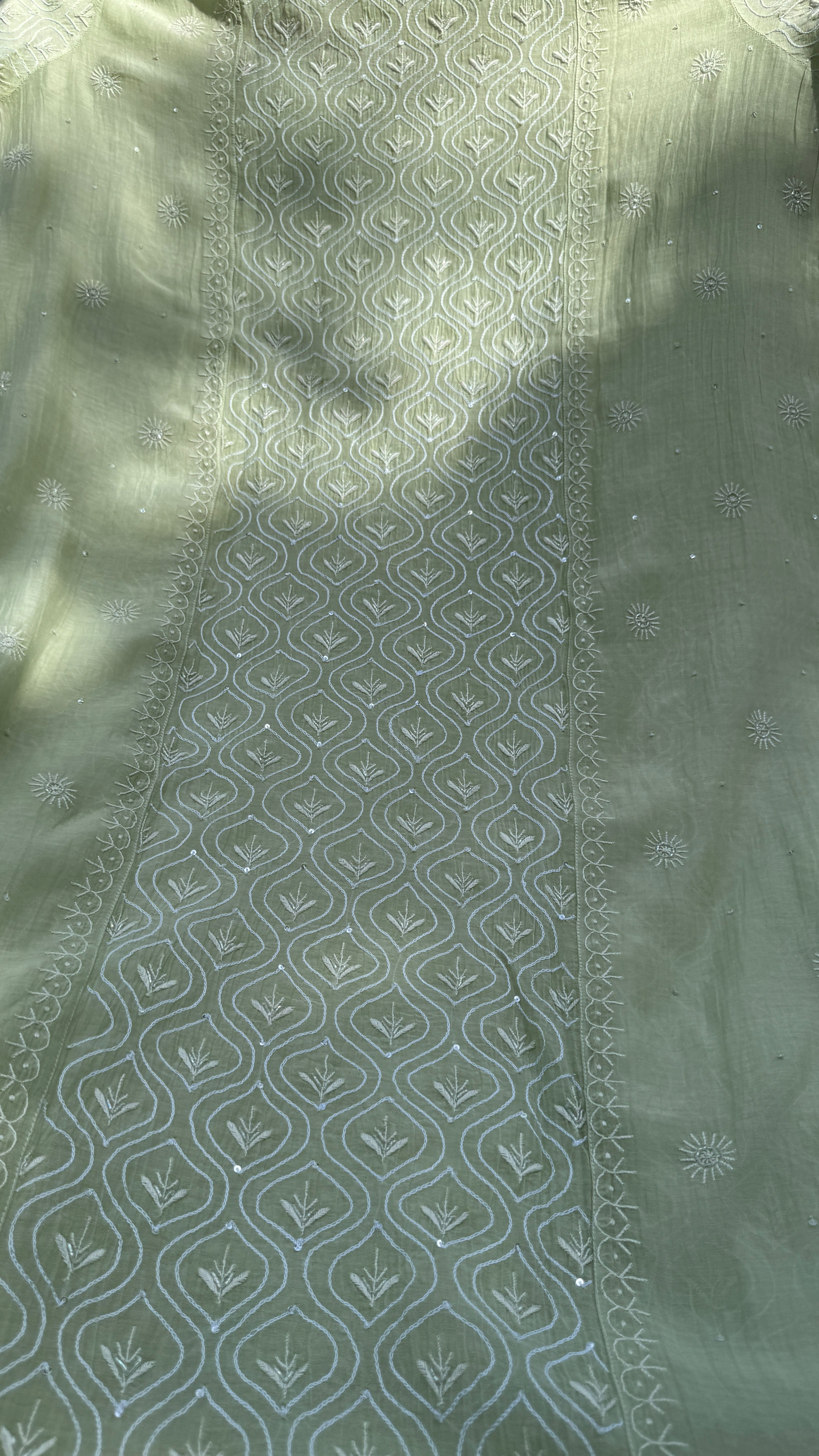 Mul Chanderi Chikankari - Unstitched Set - Pista Green