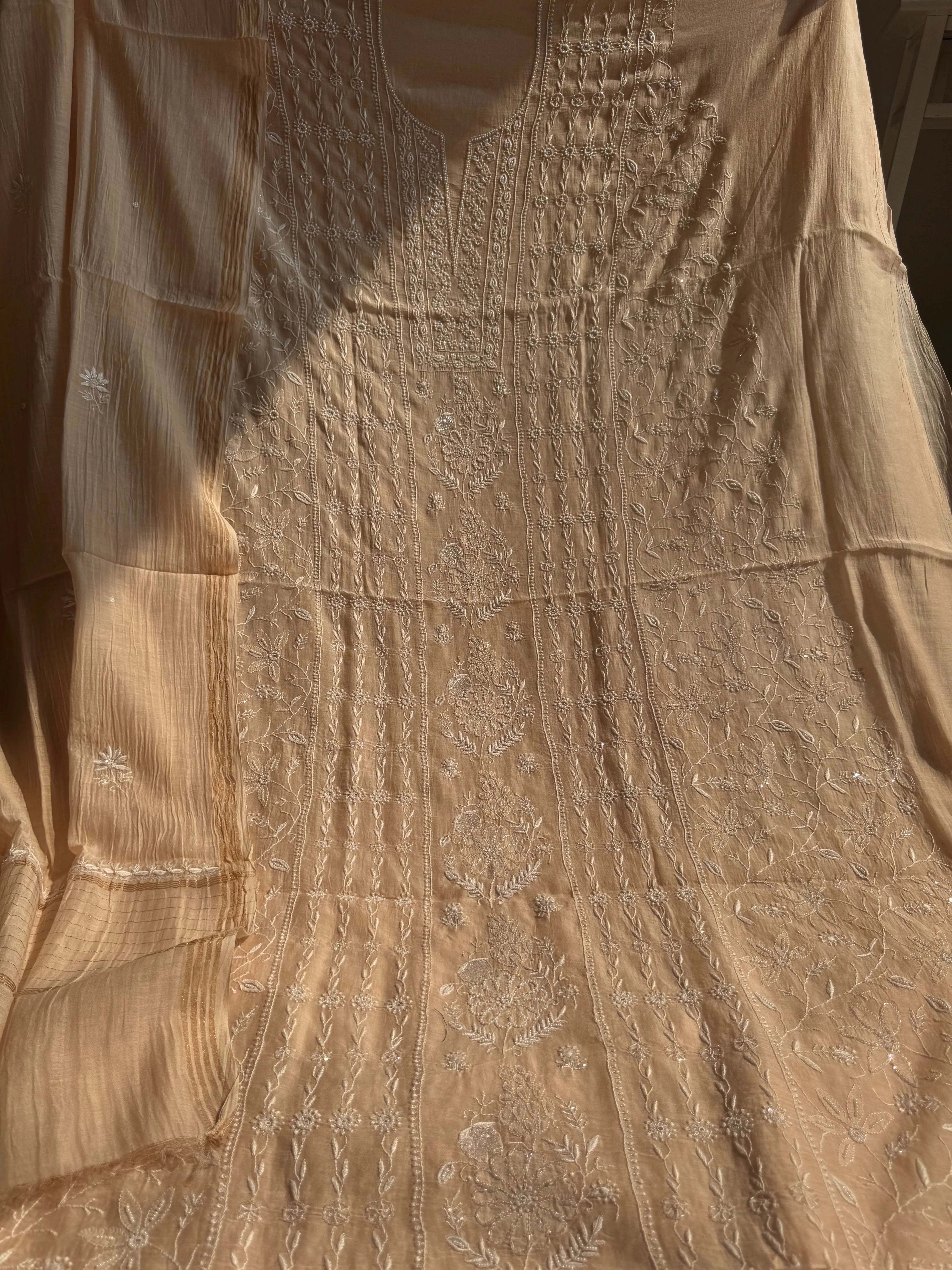 Mul Chanderi Chikankari Set - Peach ARIAA CHIKANKARI