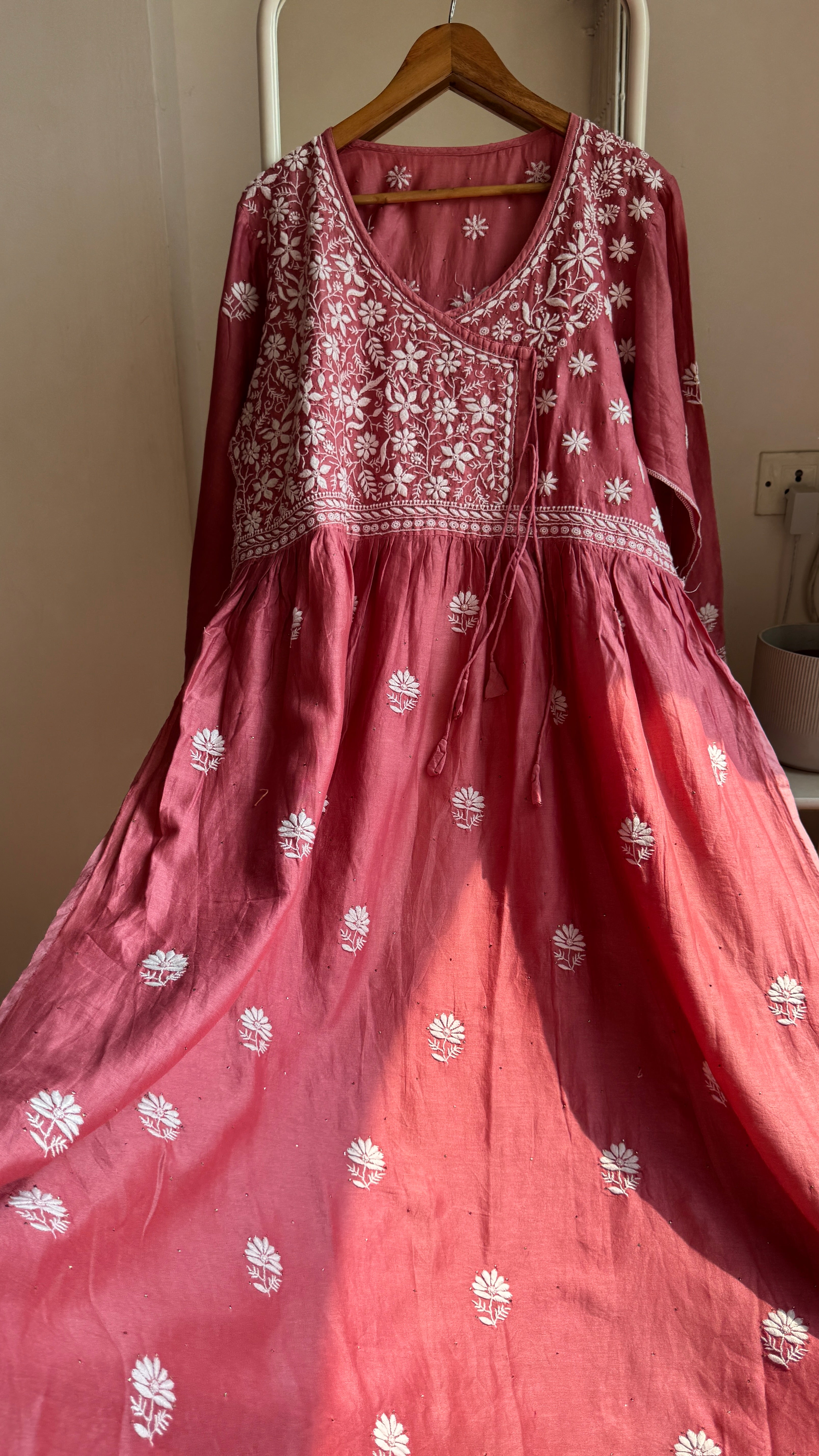 Pure Chanderi Chikankari Anarkali - Rosewood
