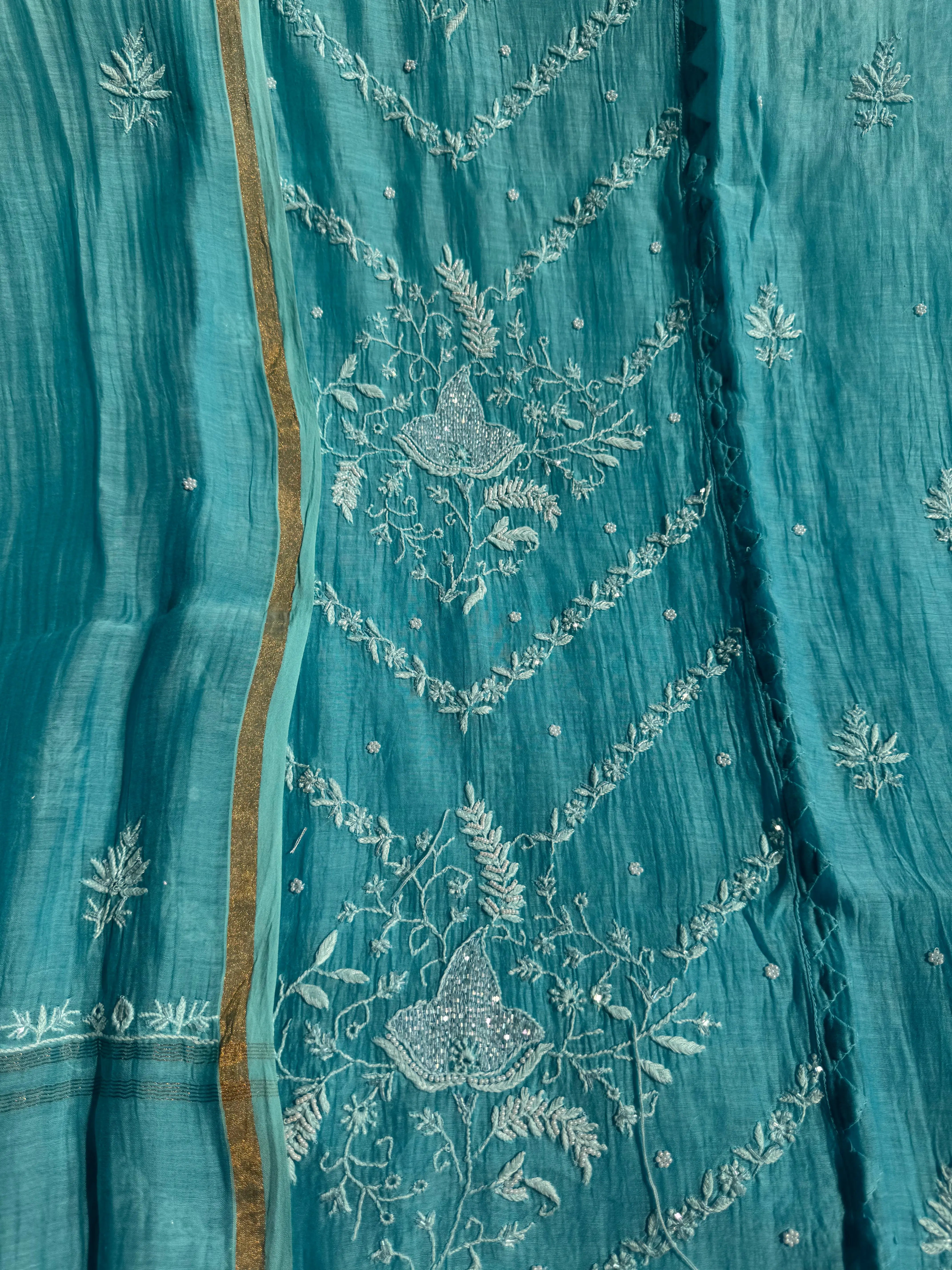 Mul Chanderi Chikankari Anarkali - Blue Ombre ARIAA CHIKANKARI