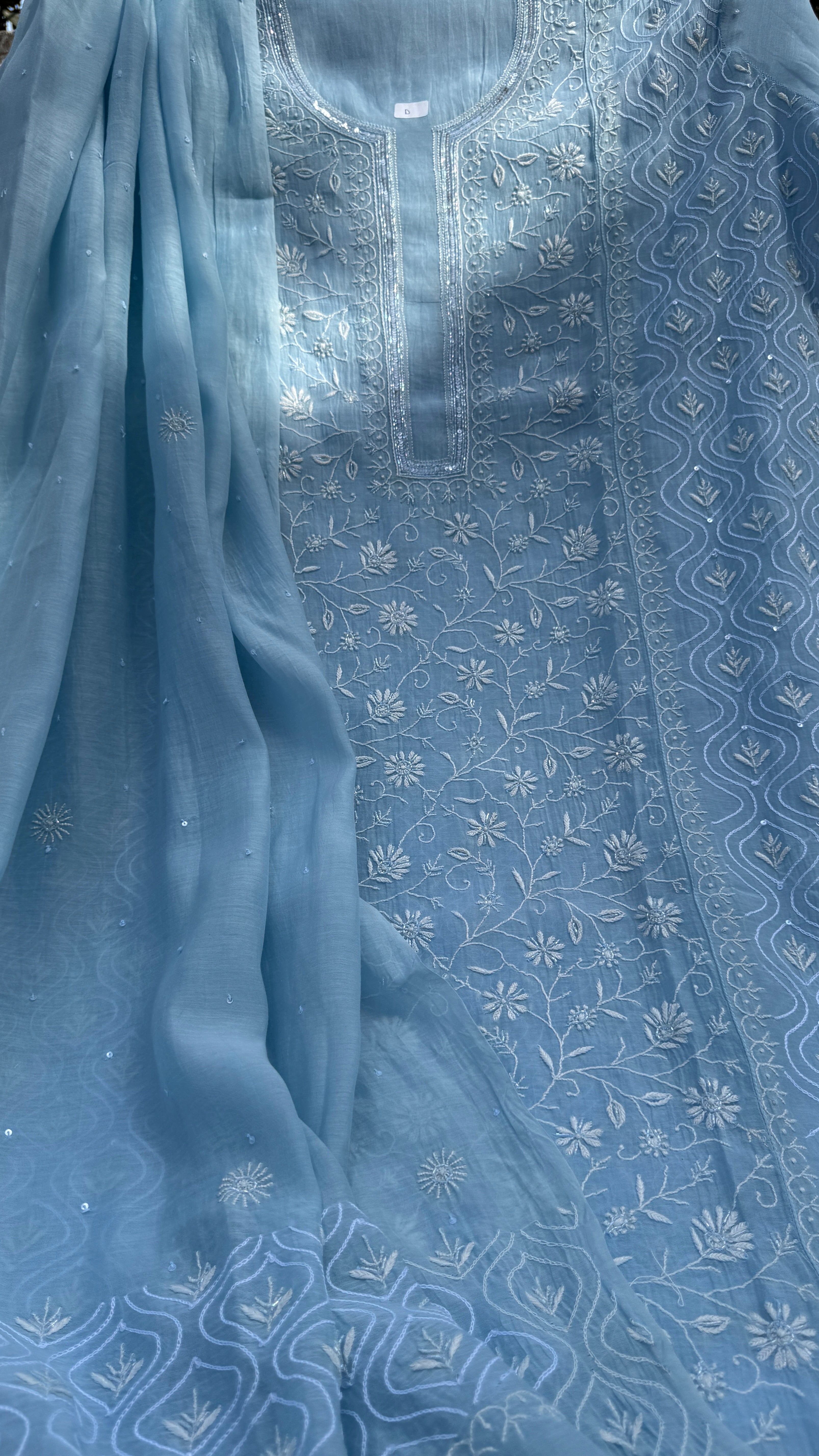 Mul Chanderi Chikankari - Unstitched Set - Blue
