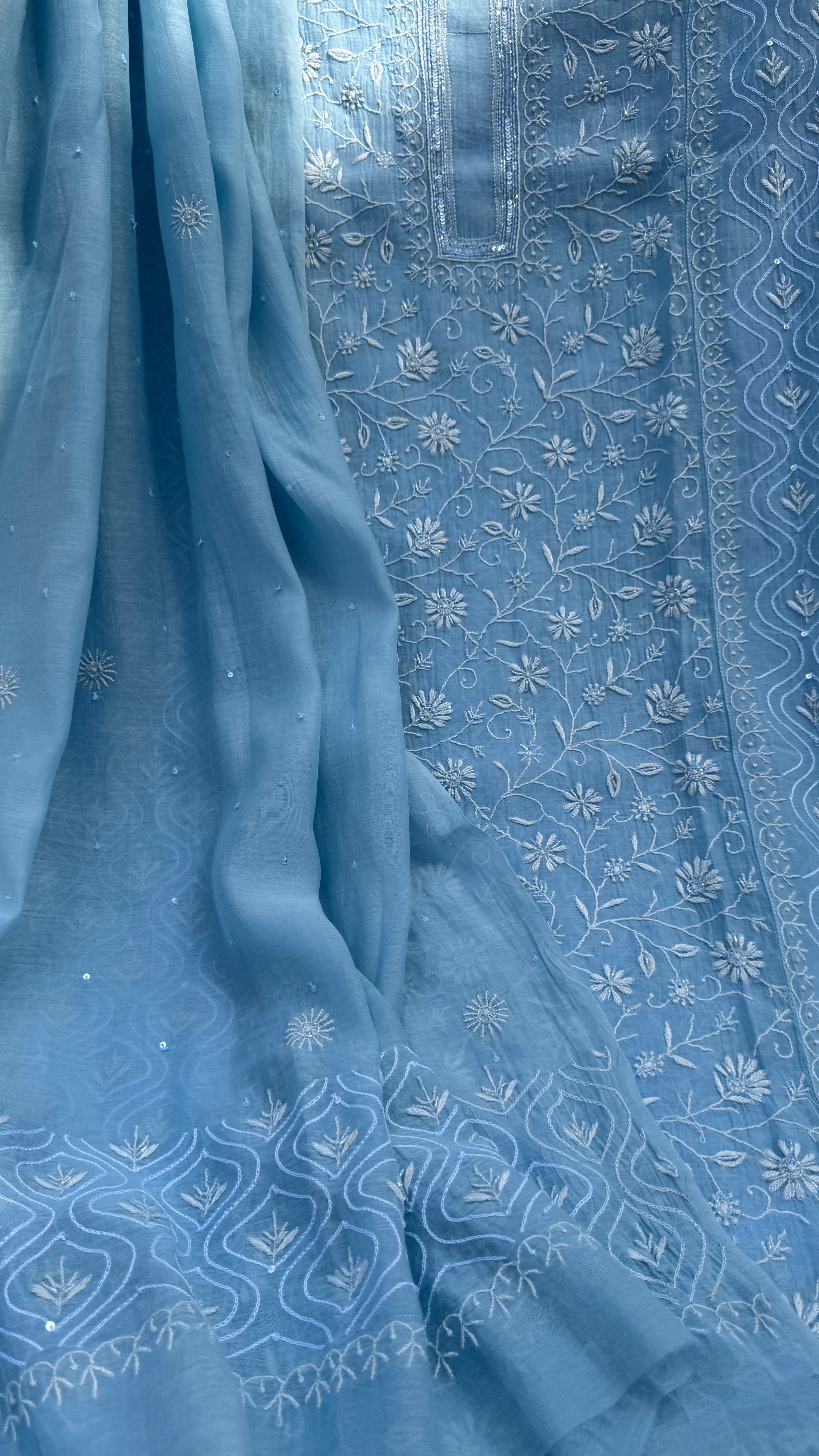 Mul Chanderi Chikankari - Unstitched Set - Blue