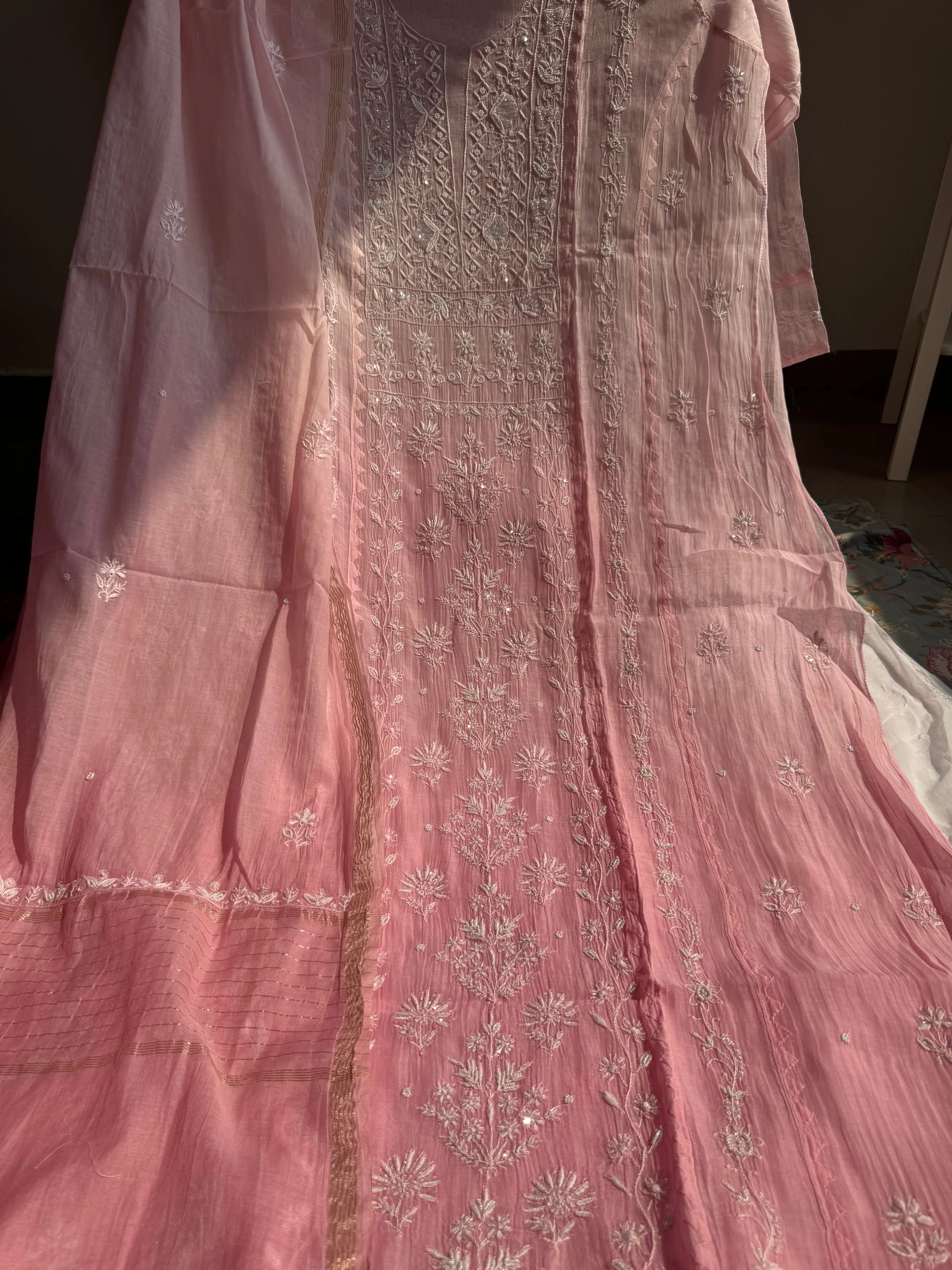 Mul Chanderi Chikankari Anarkali - Pink Ombre ARIAA CHIKANKARI
