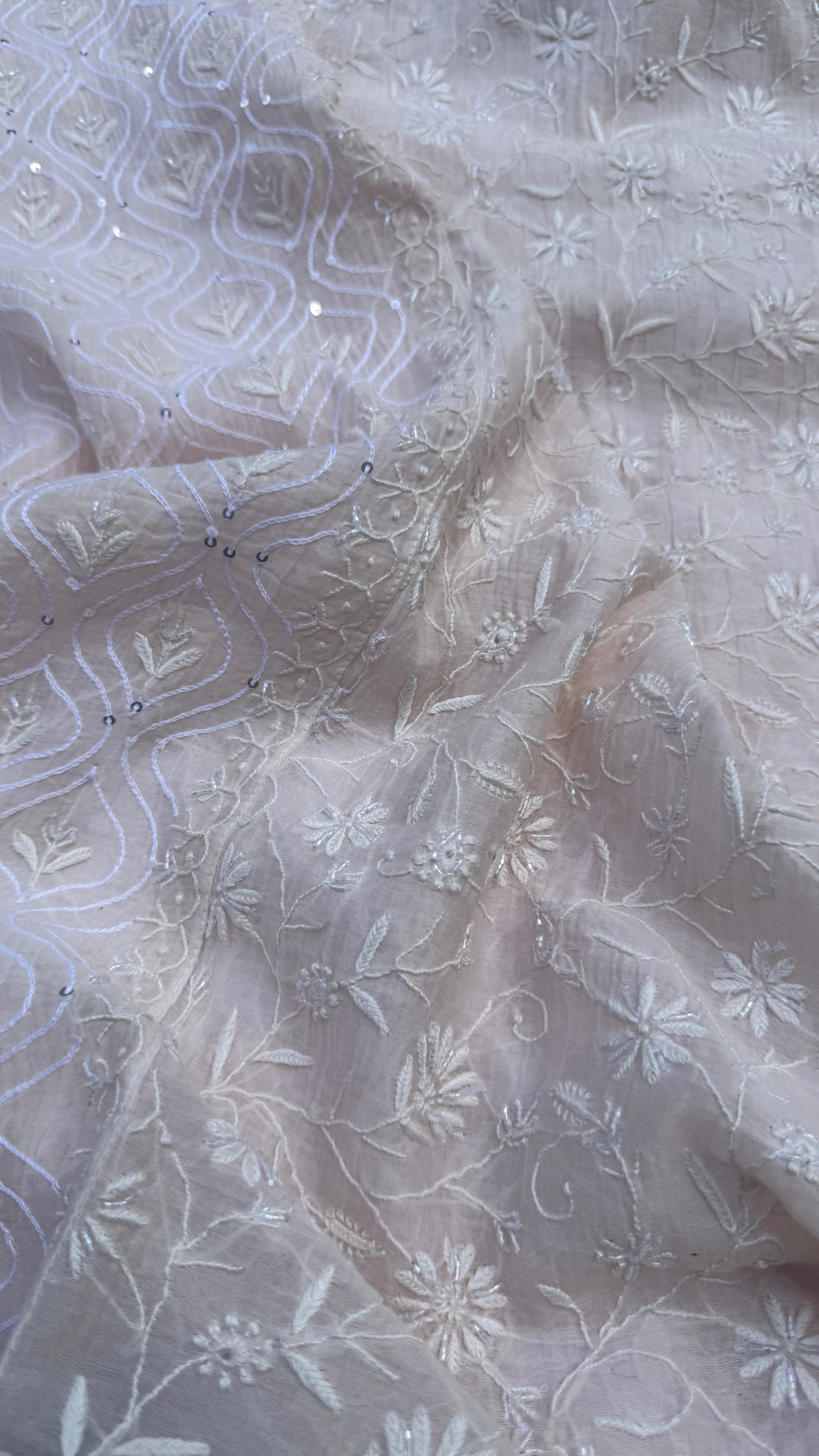 Mul Chanderi Chikankari - Unstitched Set - Pale cream Pink