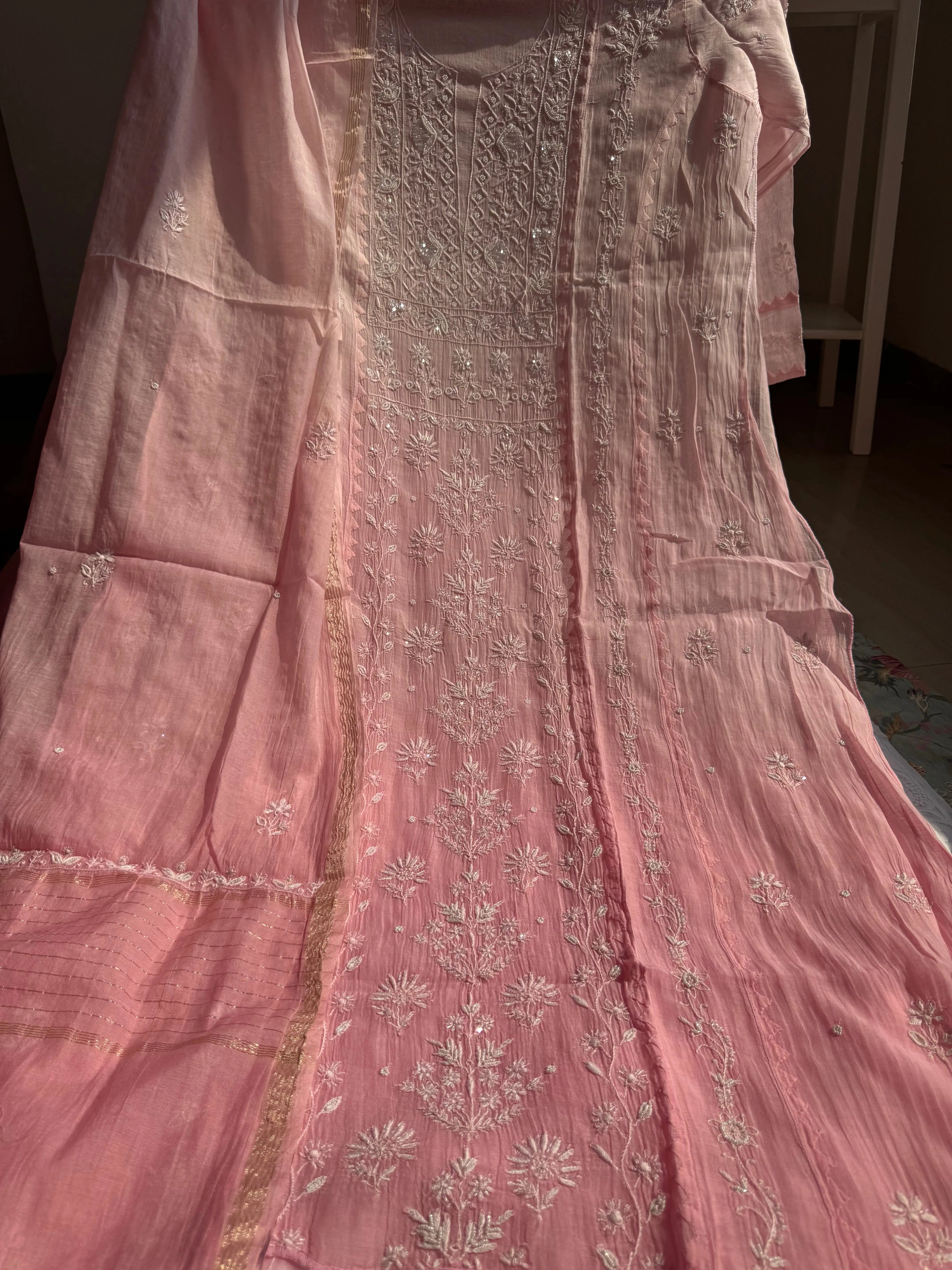 Mul Chanderi Chikankari Anarkali - Pink Ombre ARIAA CHIKANKARI