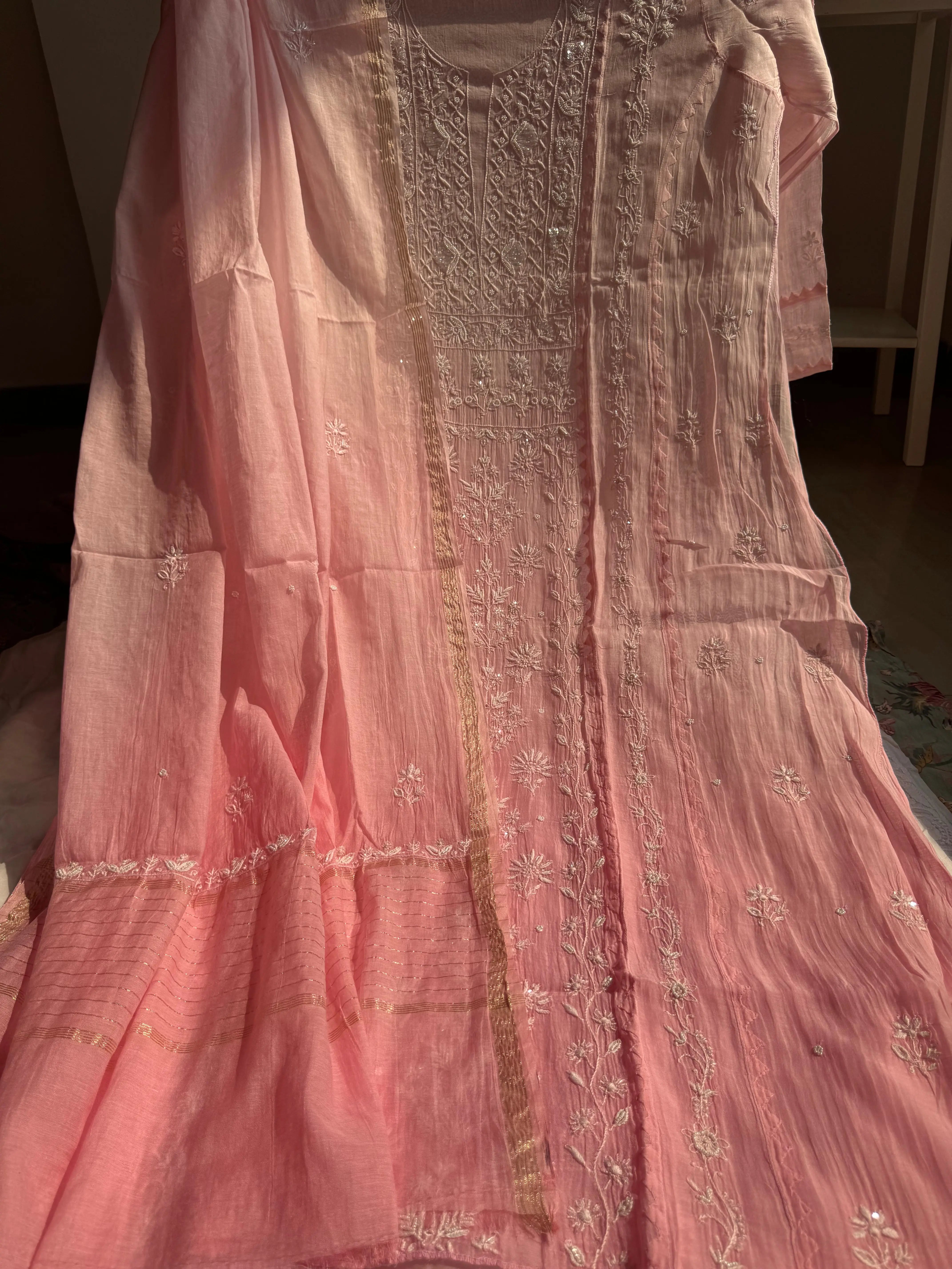 Mul Chanderi Chikankari Anarkali - Pink Ombre ARIAA CHIKANKARI