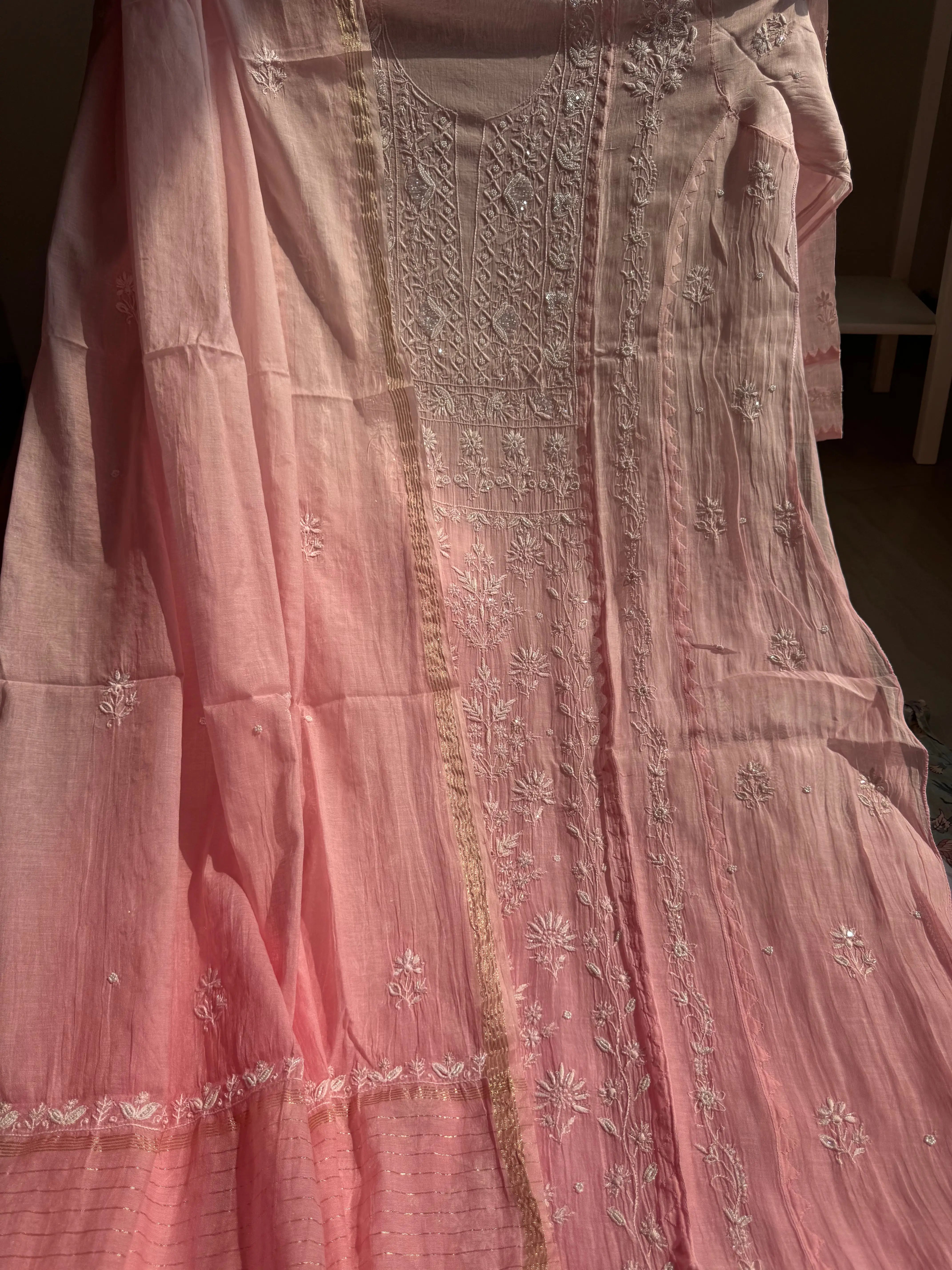 Mul Chanderi Chikankari Anarkali - Pink Ombre ARIAA CHIKANKARI