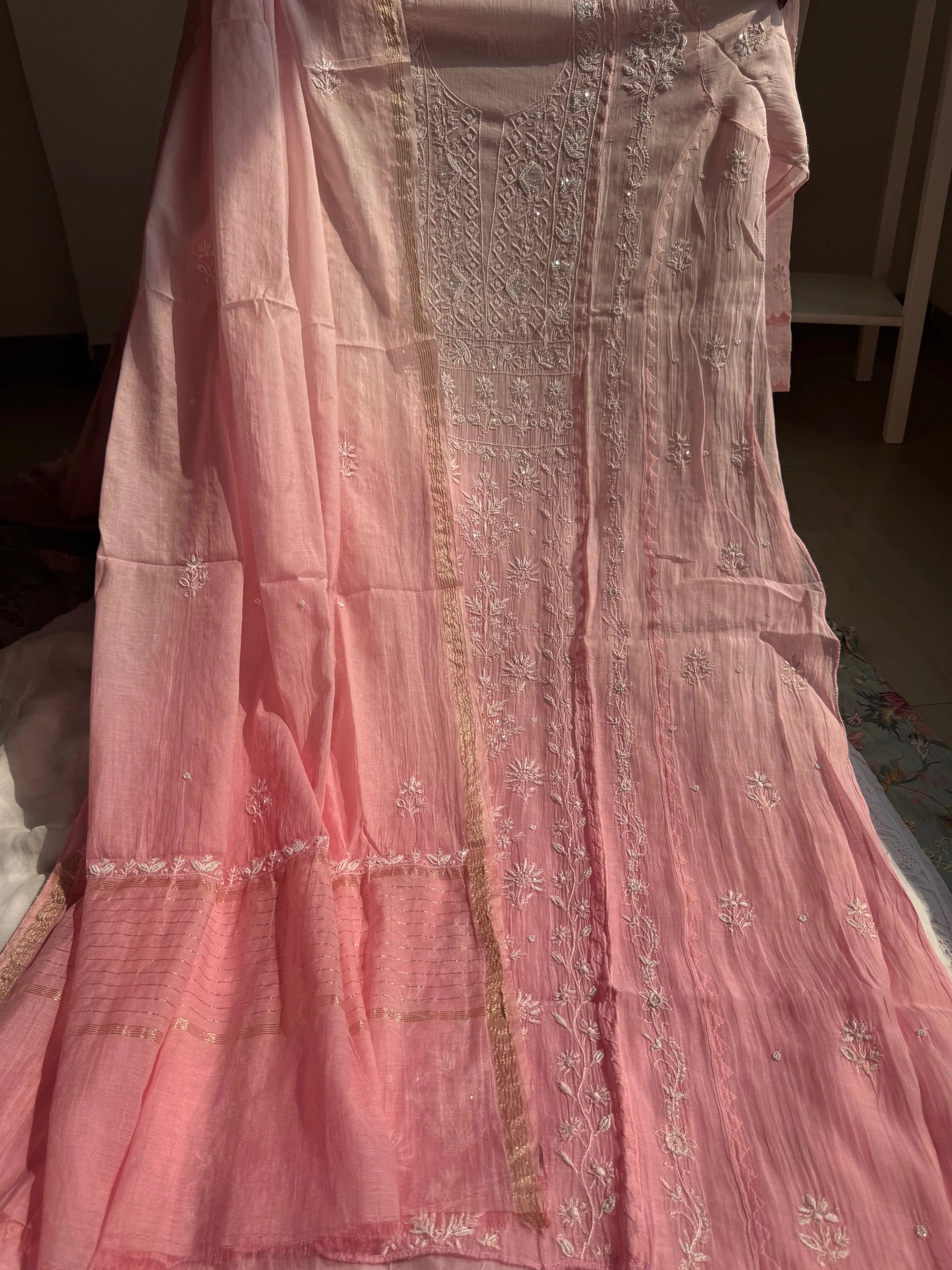 Mul Chanderi Chikankari Anarkali - Pink Ombre ARIAA CHIKANKARI