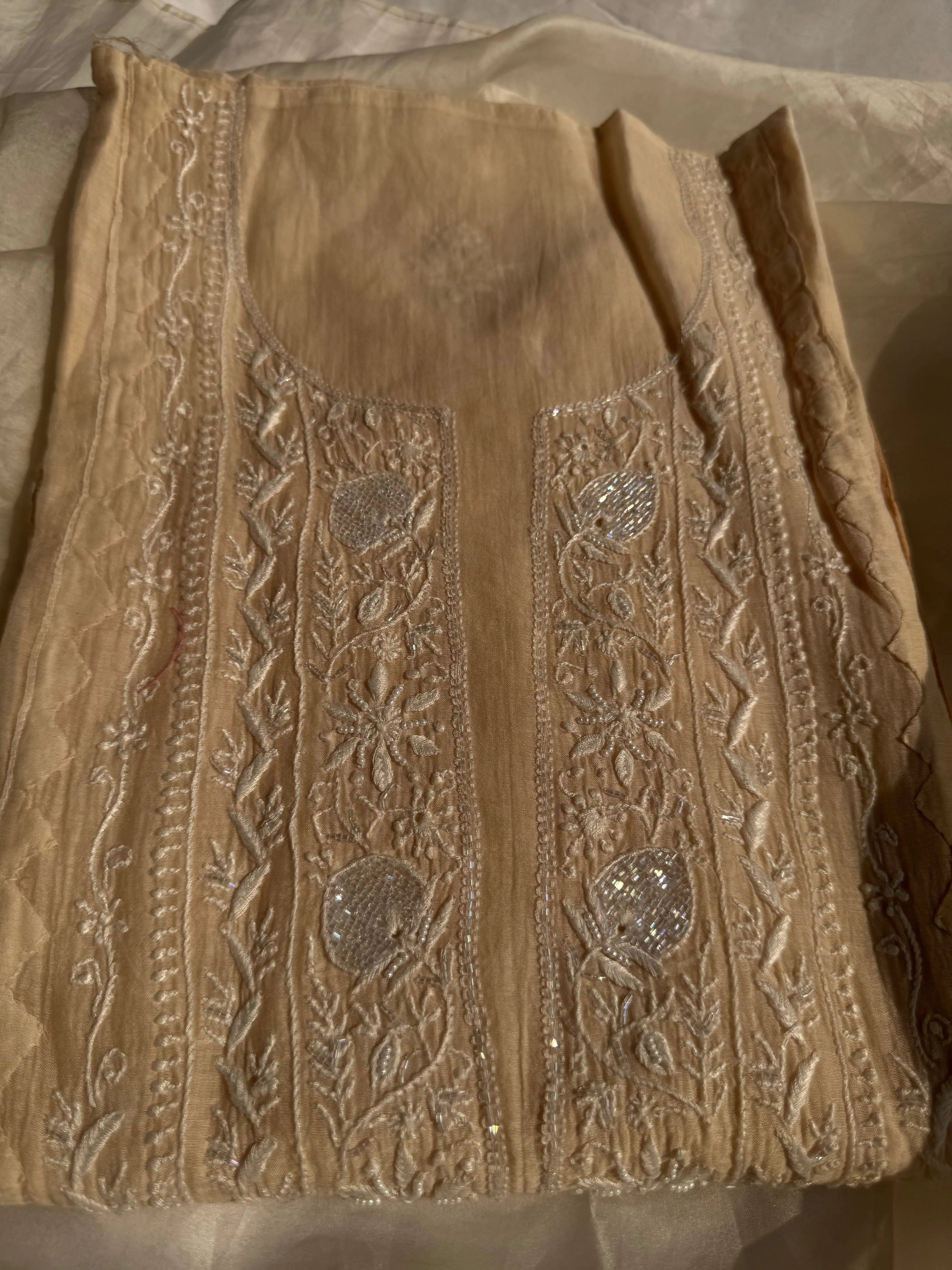 Mul Chanderi Chikankari Anarkali - Beige Ombre ARIAA CHIKANKARI