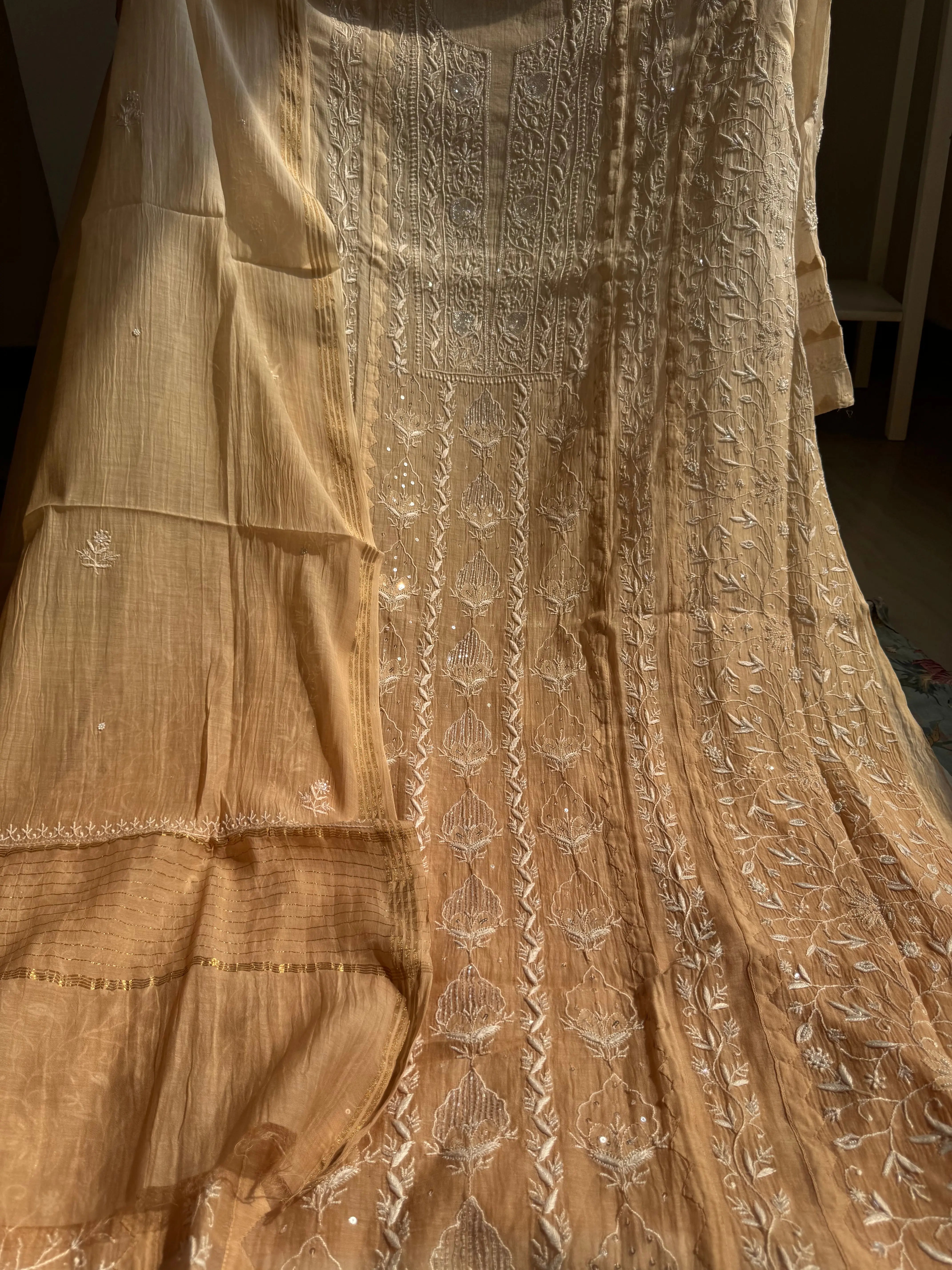 Mul Chanderi Chikankari Anarkali - Beige Ombre ARIAA CHIKANKARI