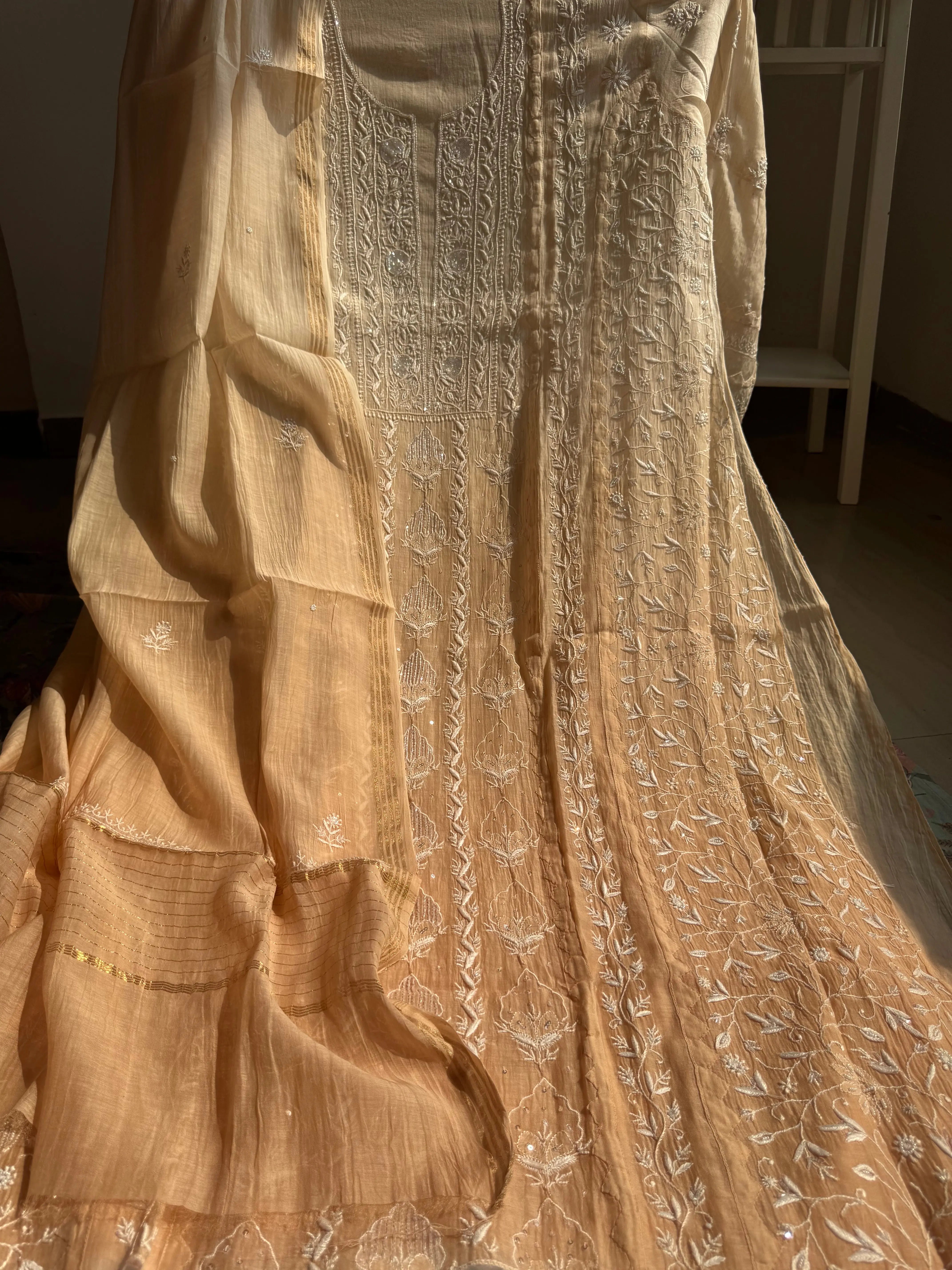 Mul Chanderi Chikankari Anarkali - Beige Ombre ARIAA CHIKANKARI