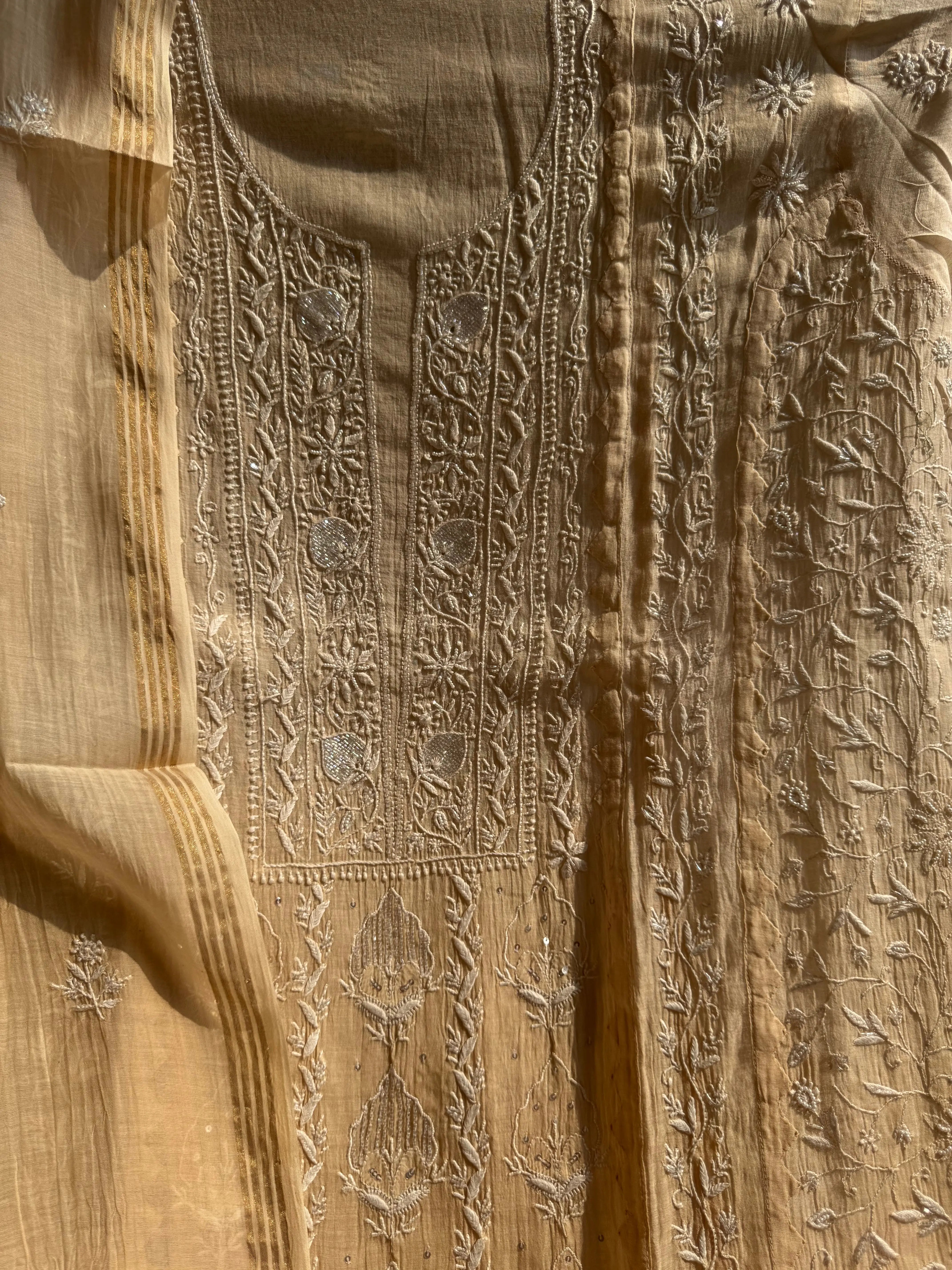 Mul Chanderi Chikankari Anarkali - Beige Ombre ARIAA CHIKANKARI