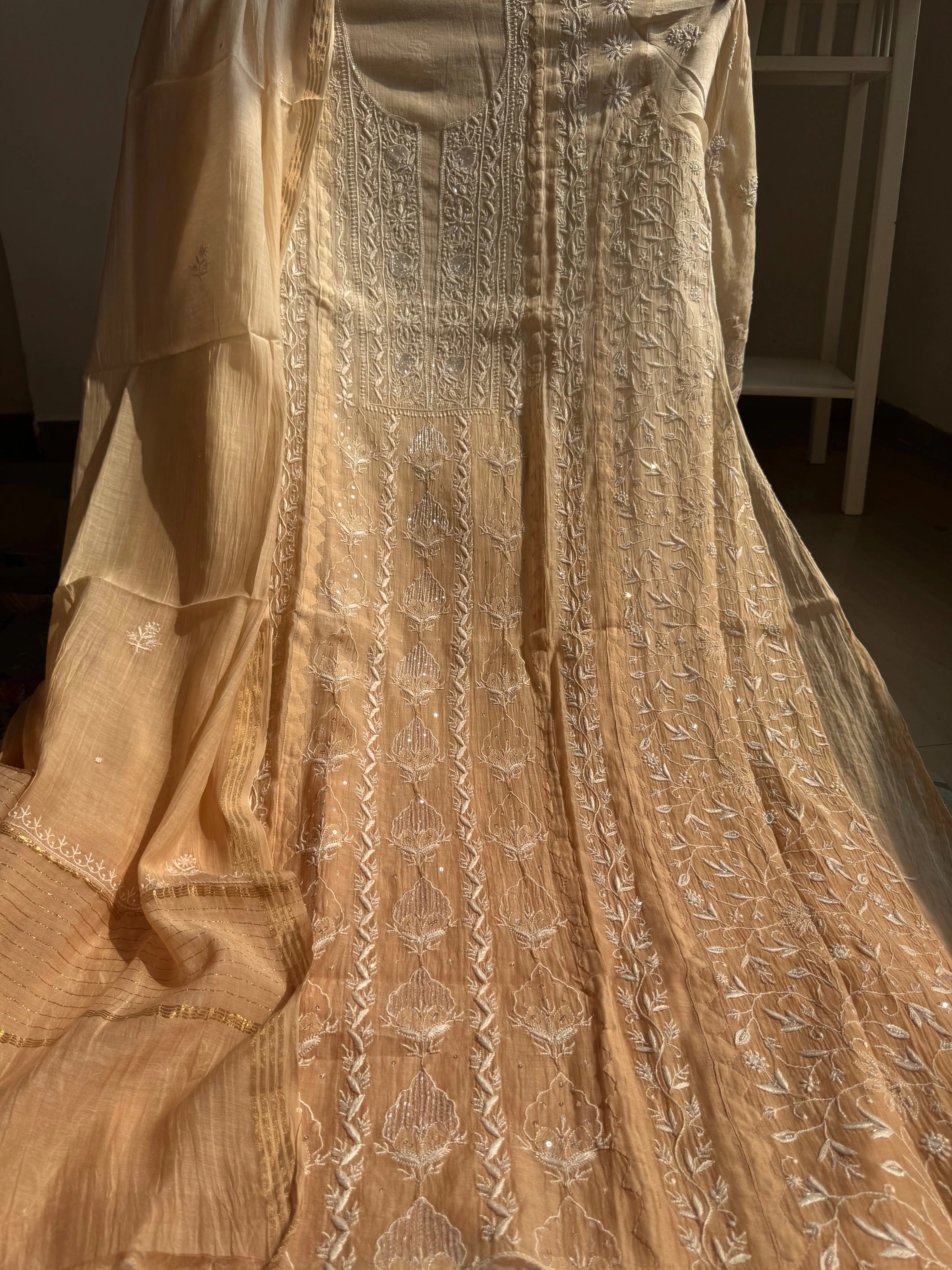 Mul Chanderi Chikankari Anarkali - Beige Ombre ARIAA CHIKANKARI