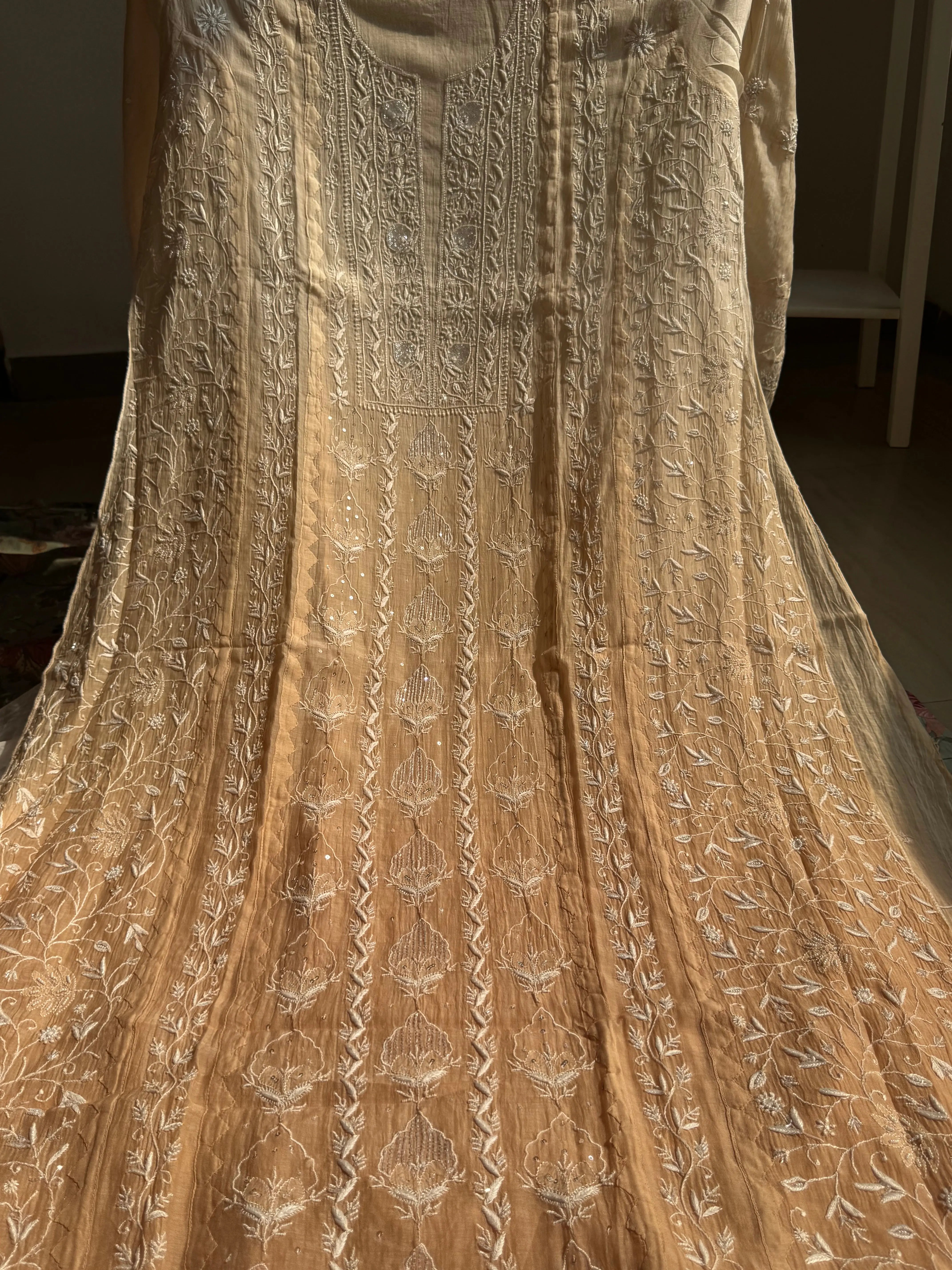 Mul Chanderi Chikankari Anarkali - Beige Ombre ARIAA CHIKANKARI
