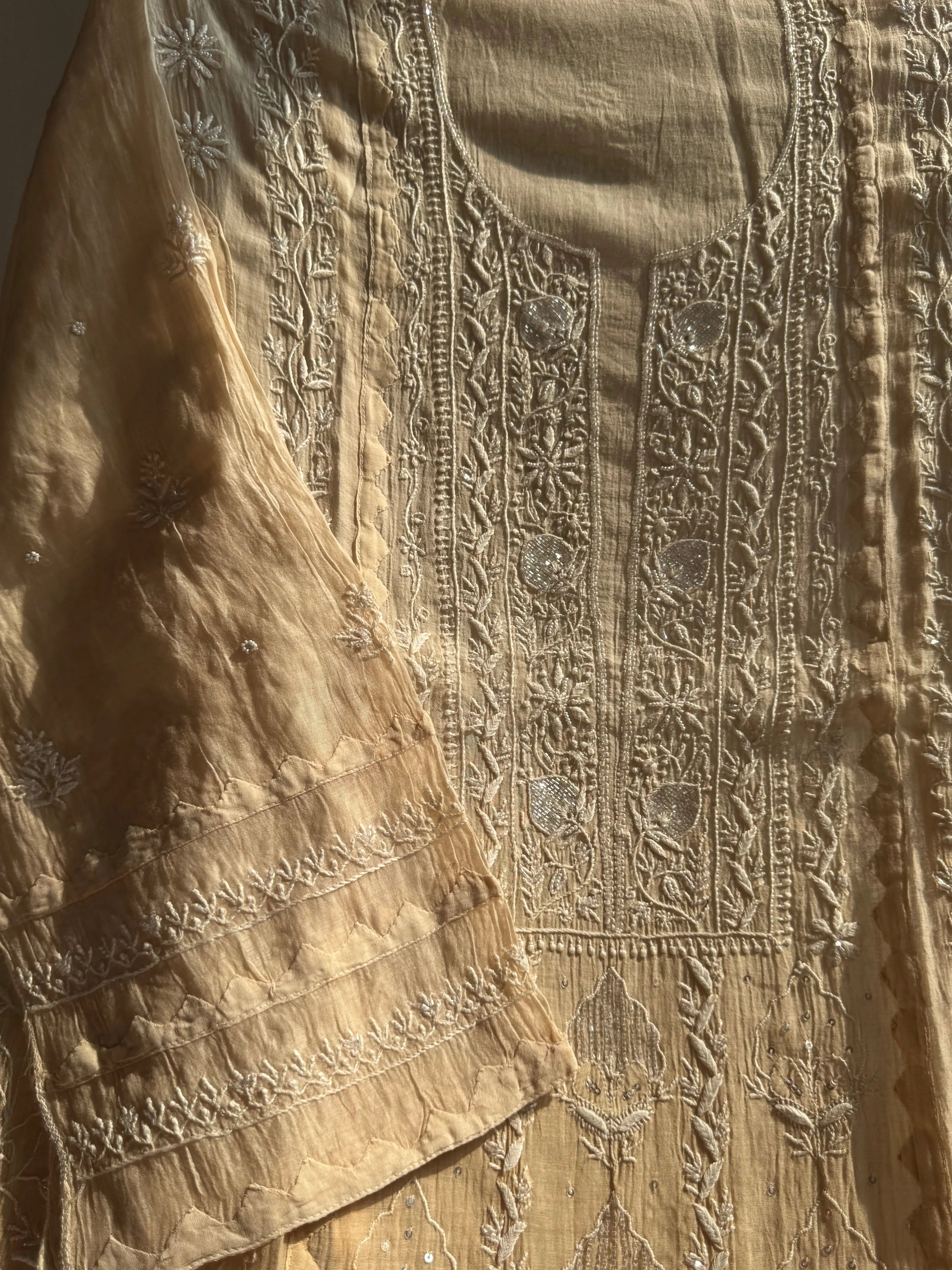 Mul Chanderi Chikankari Anarkali - Beige Ombre ARIAA CHIKANKARI