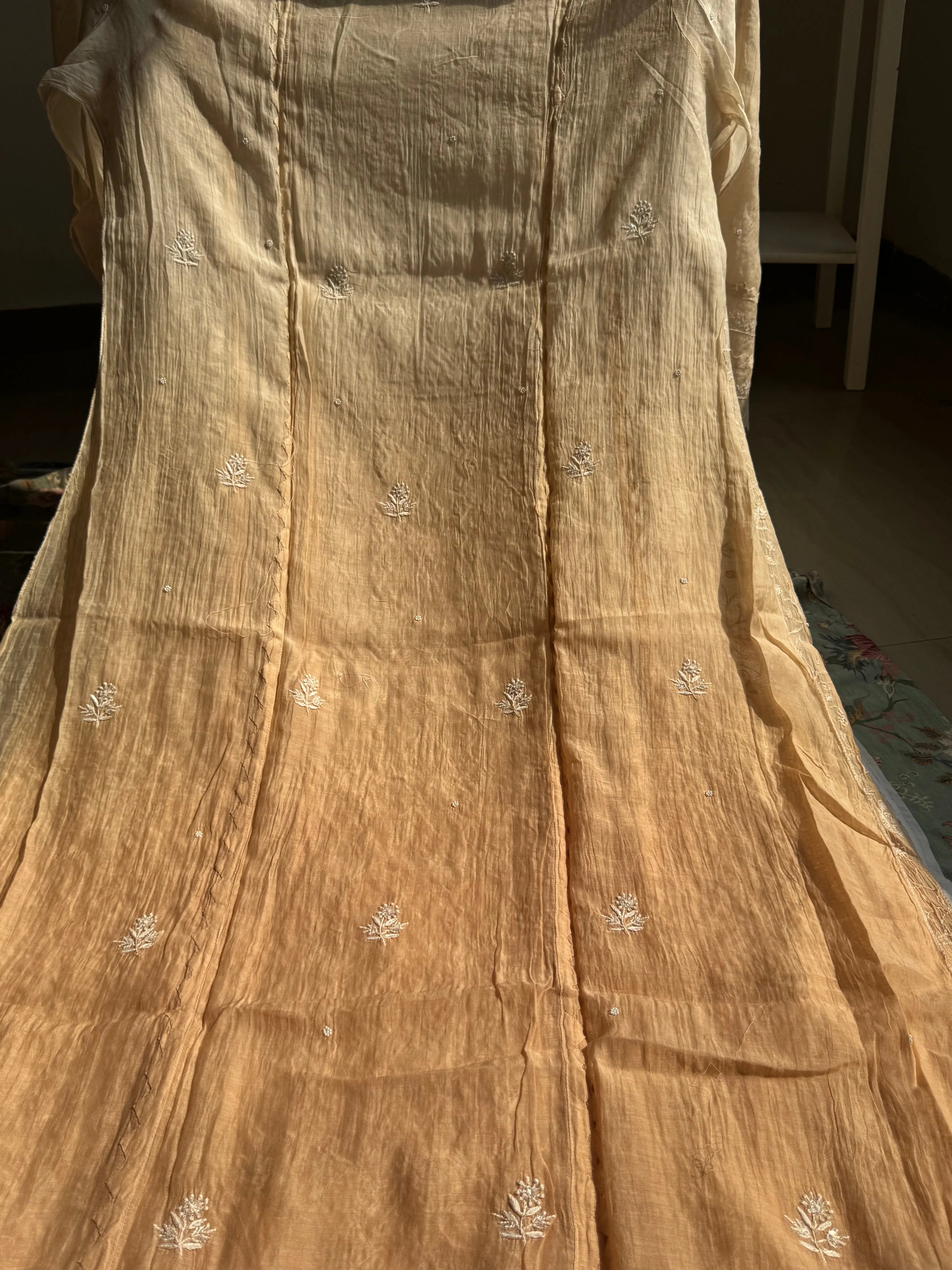 Mul Chanderi Chikankari Anarkali - Beige Ombre ARIAA CHIKANKARI