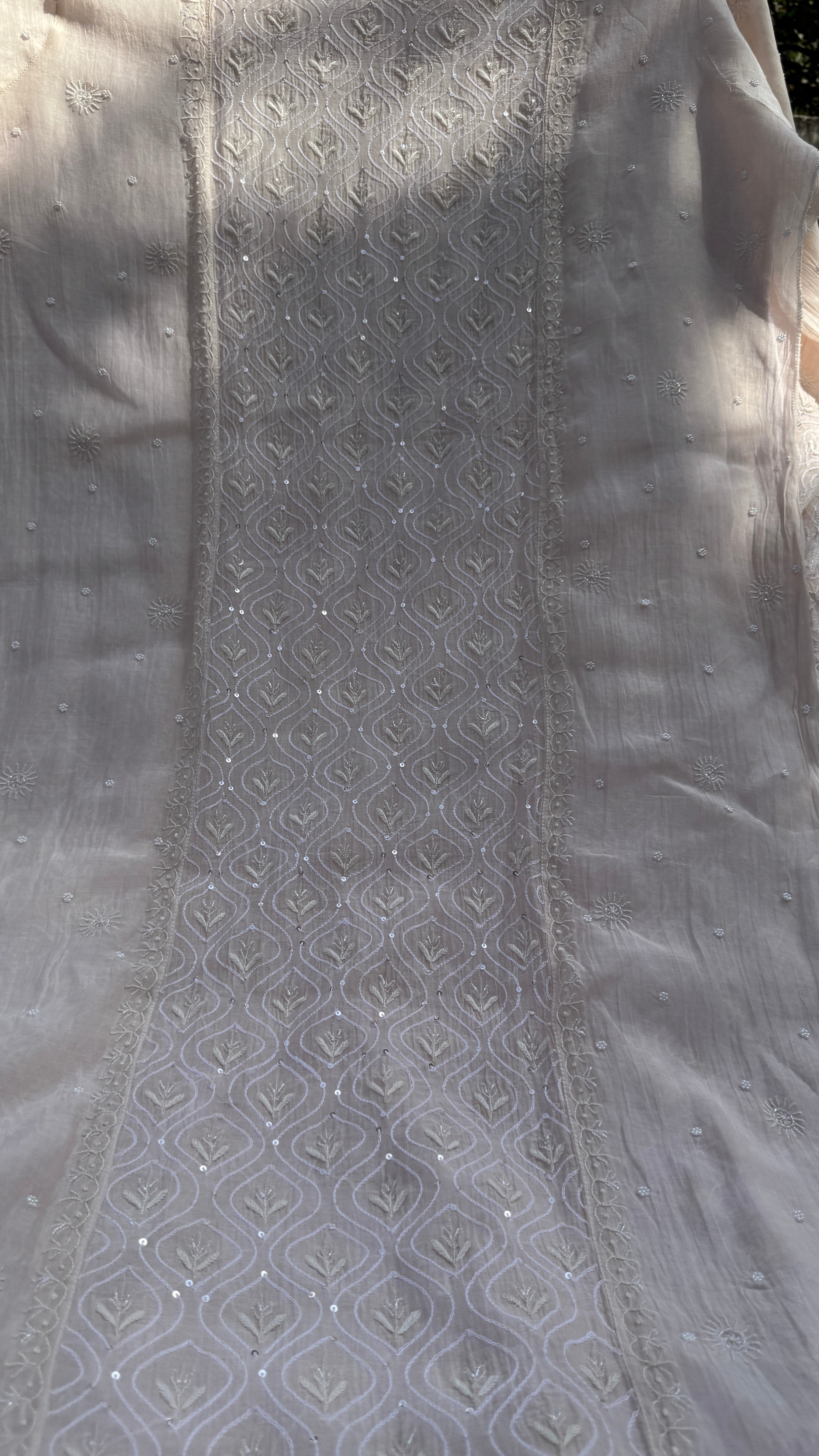 Mul Chanderi Chikankari - Unstitched Set - Pale cream Pink