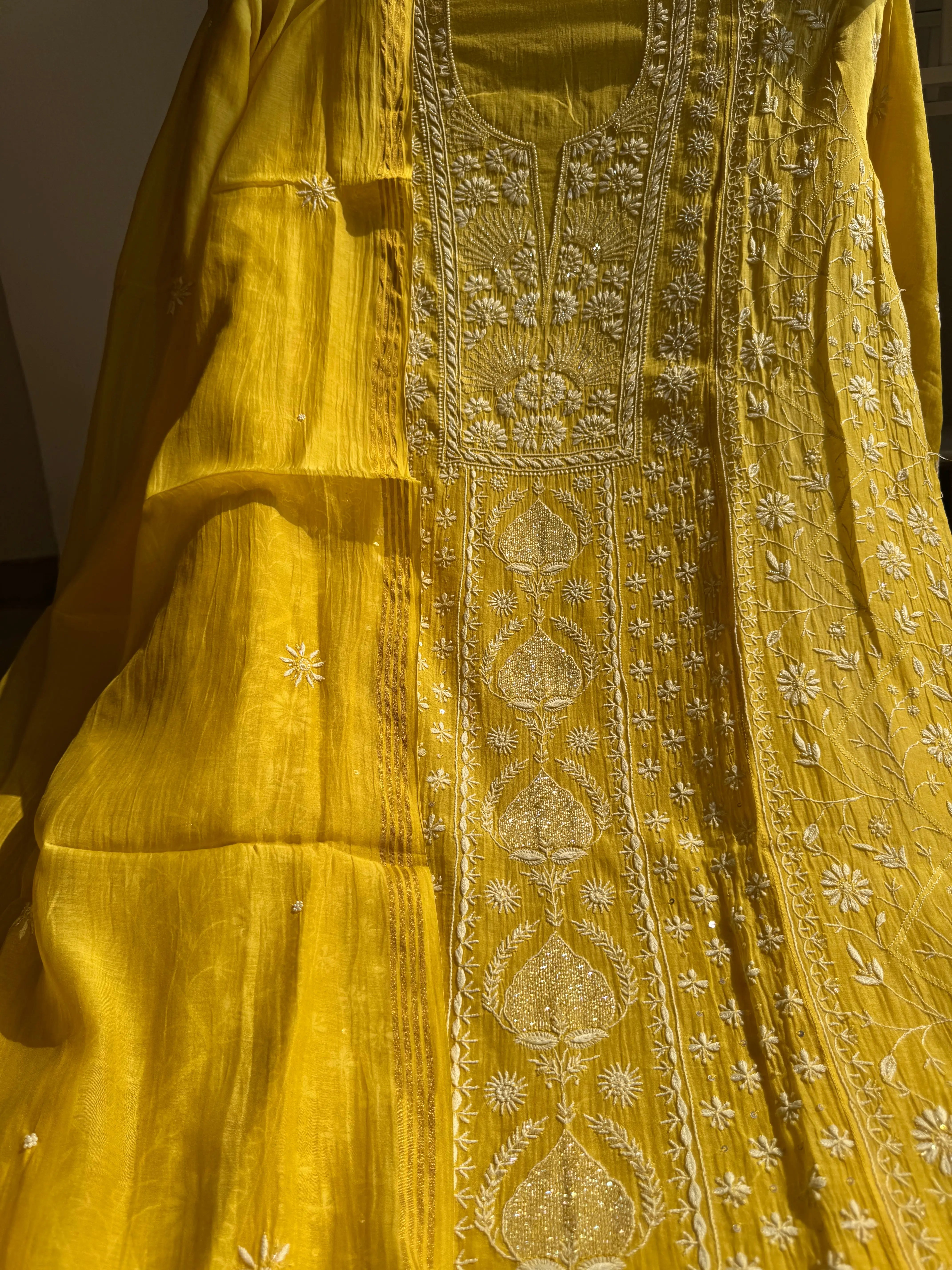 Mul Chanderi Chikankari Anarkali - Yellow ARIAA CHIKANKARI
