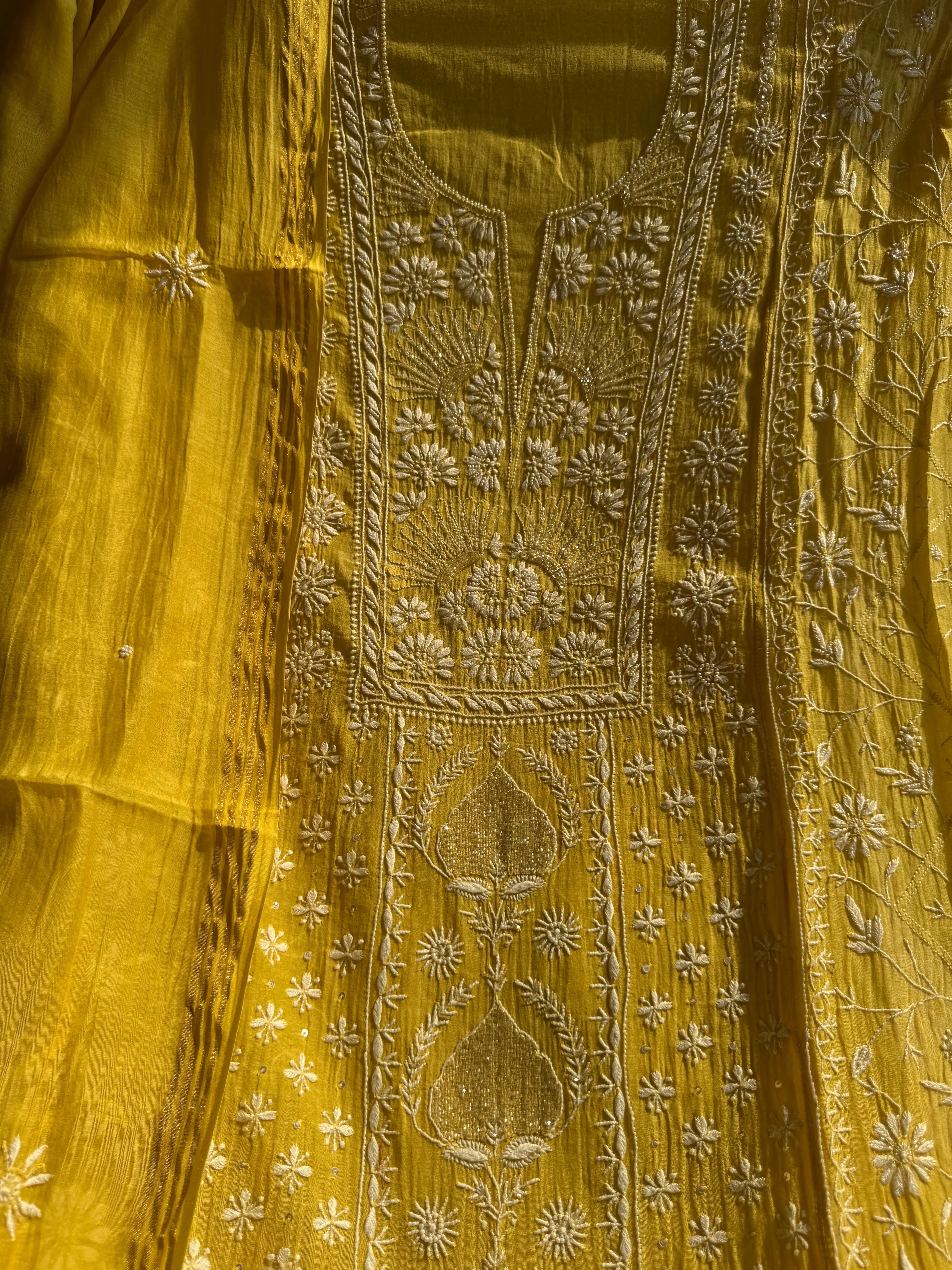 Mul Chanderi Chikankari Anarkali - Yellow ARIAA CHIKANKARI