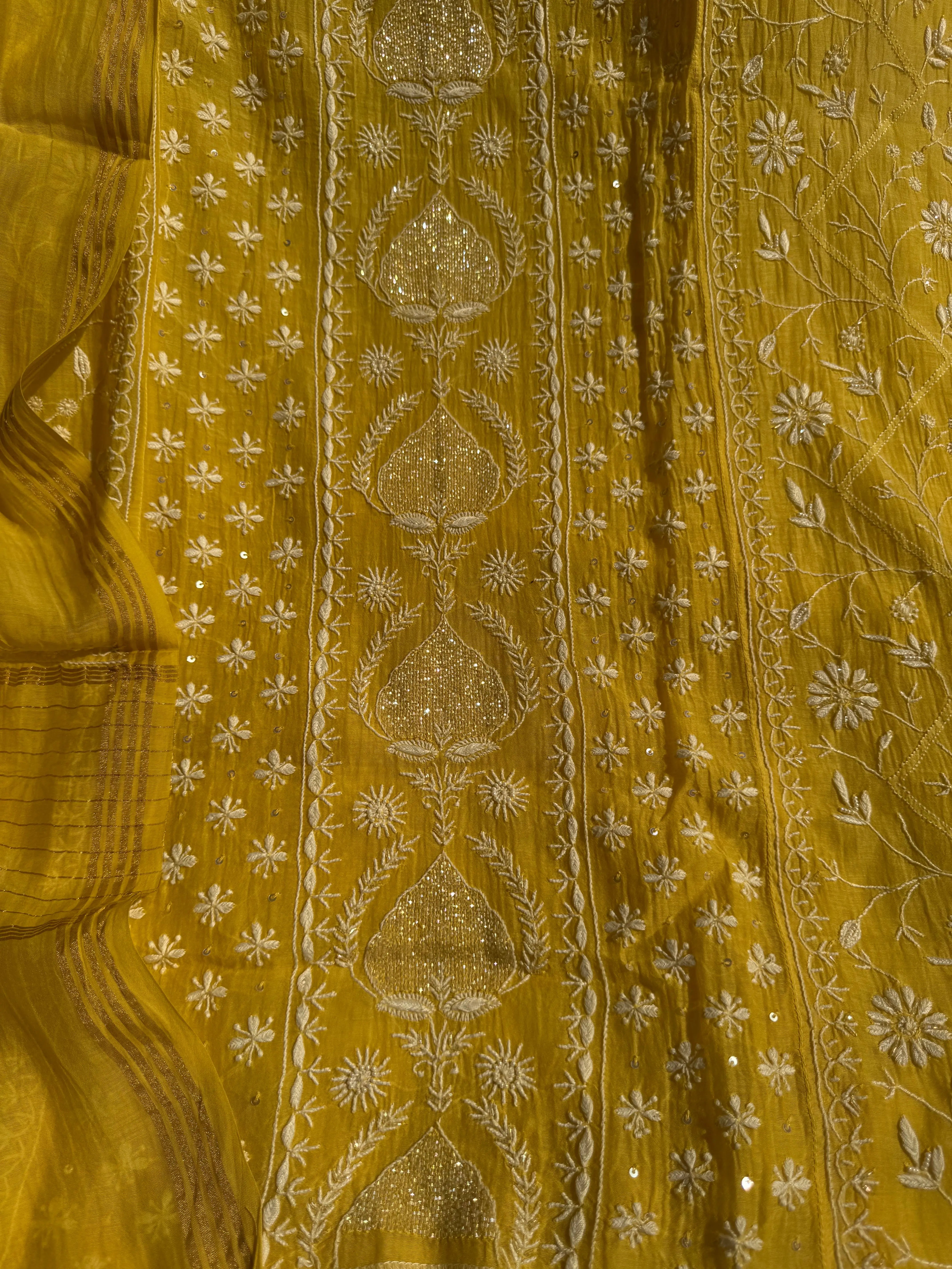 Mul Chanderi Chikankari Anarkali - Yellow ARIAA CHIKANKARI