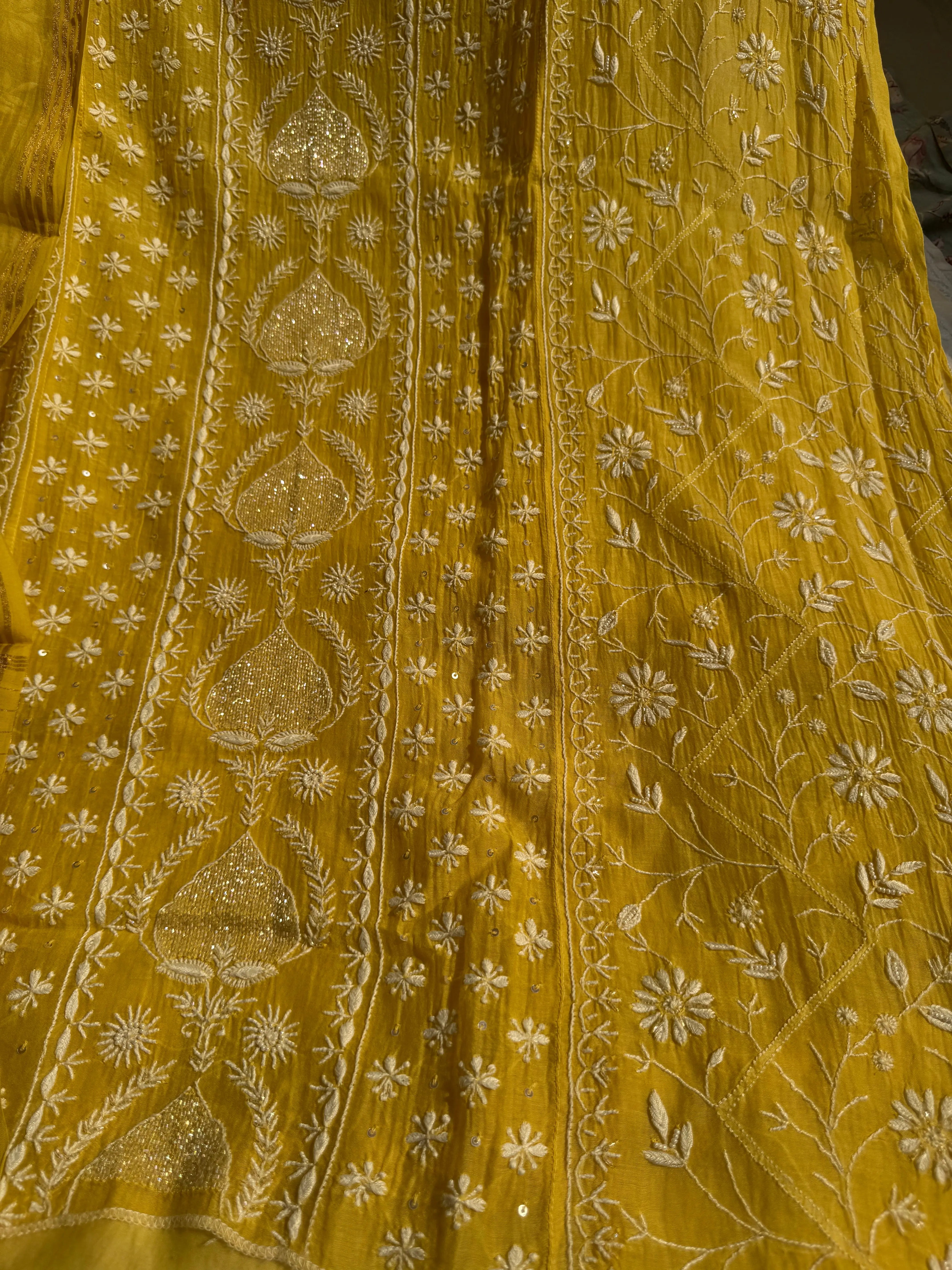 Mul Chanderi Chikankari Anarkali - Yellow ARIAA CHIKANKARI