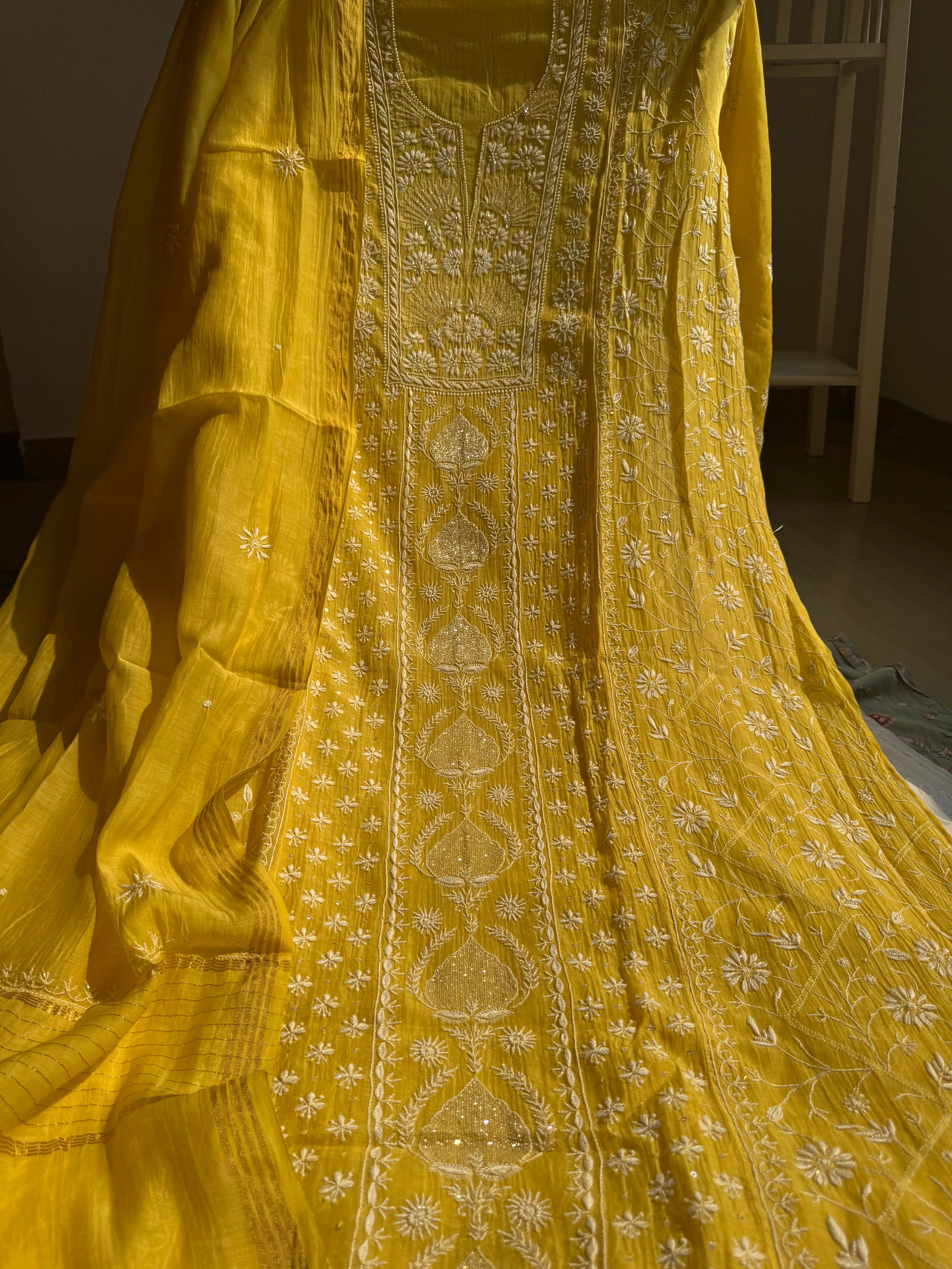 Mul Chanderi Chikankari Anarkali - Yellow ARIAA CHIKANKARI