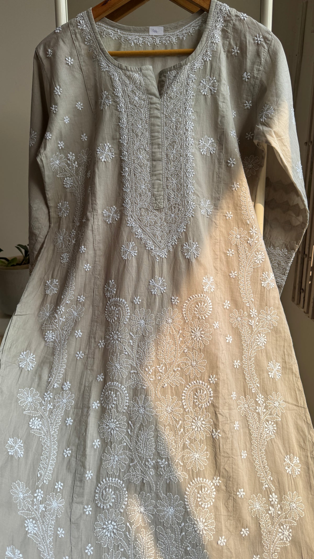 Mul Cotton Chikankari Kurti with white thread work - Sage Grey - Fiza Collection
