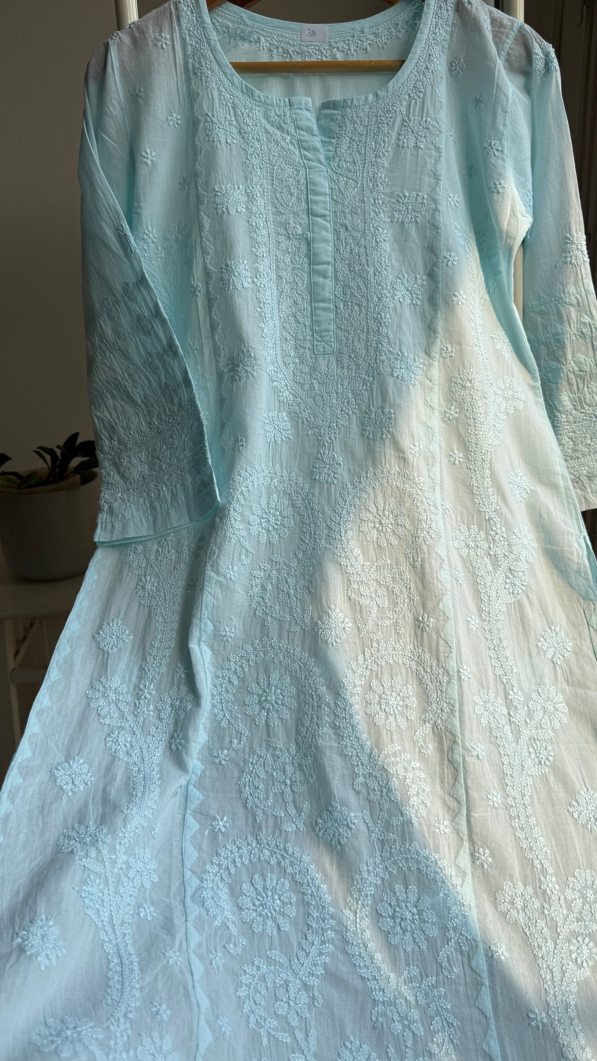 Mul Cotton Chikankari Kurti with white thread work - Cyan Blue - Fiza Collection