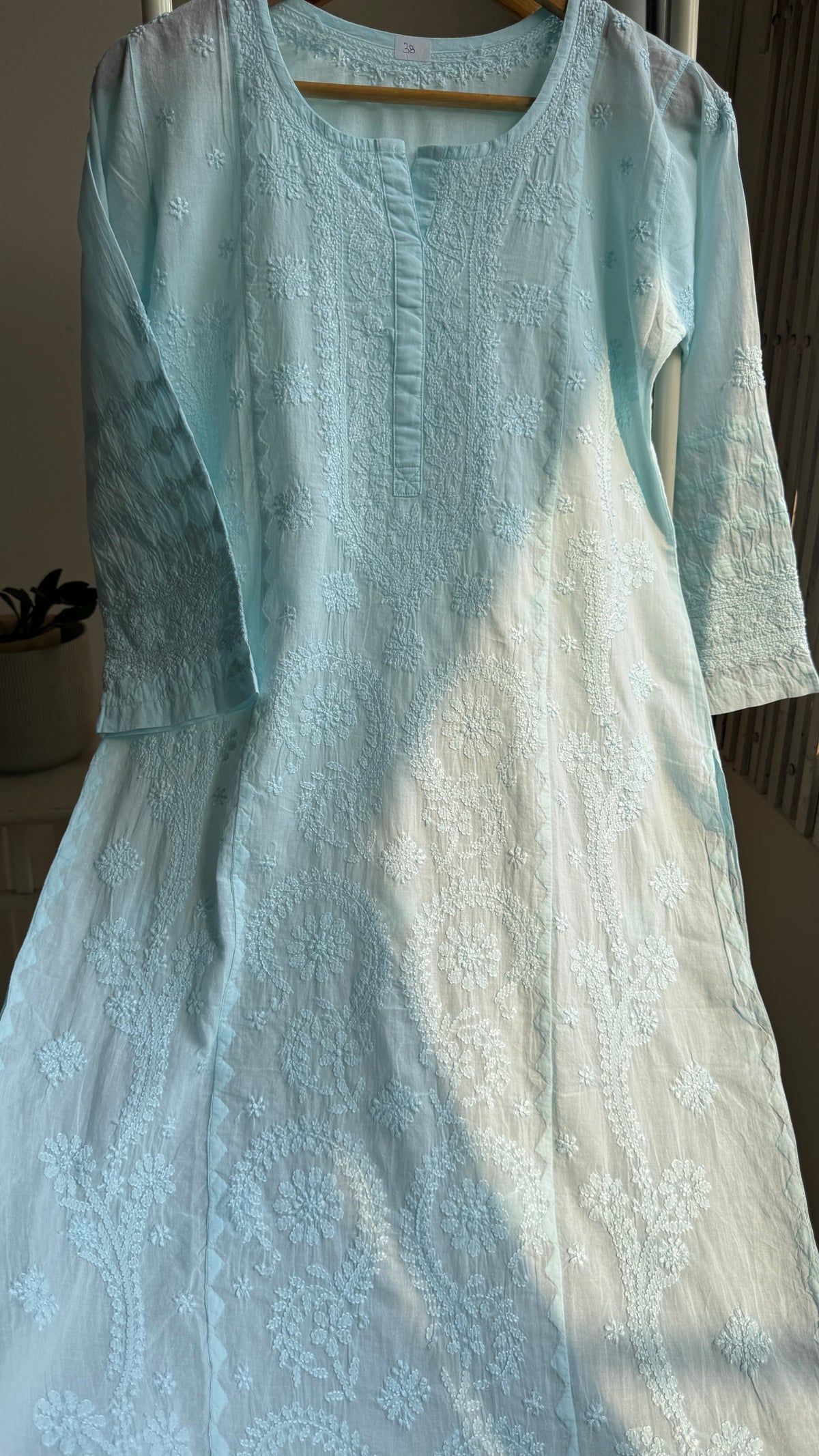 Mul Cotton Chikankari Kurti with white thread work - Cyan Blue - Fiza Collection