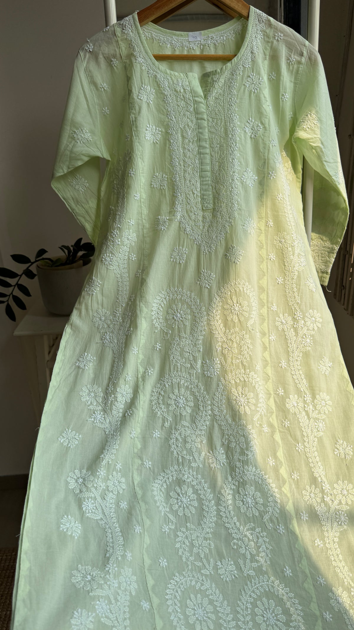 Mul Cotton Chikankari Kurti with white thread work - Green - Fiza Collection