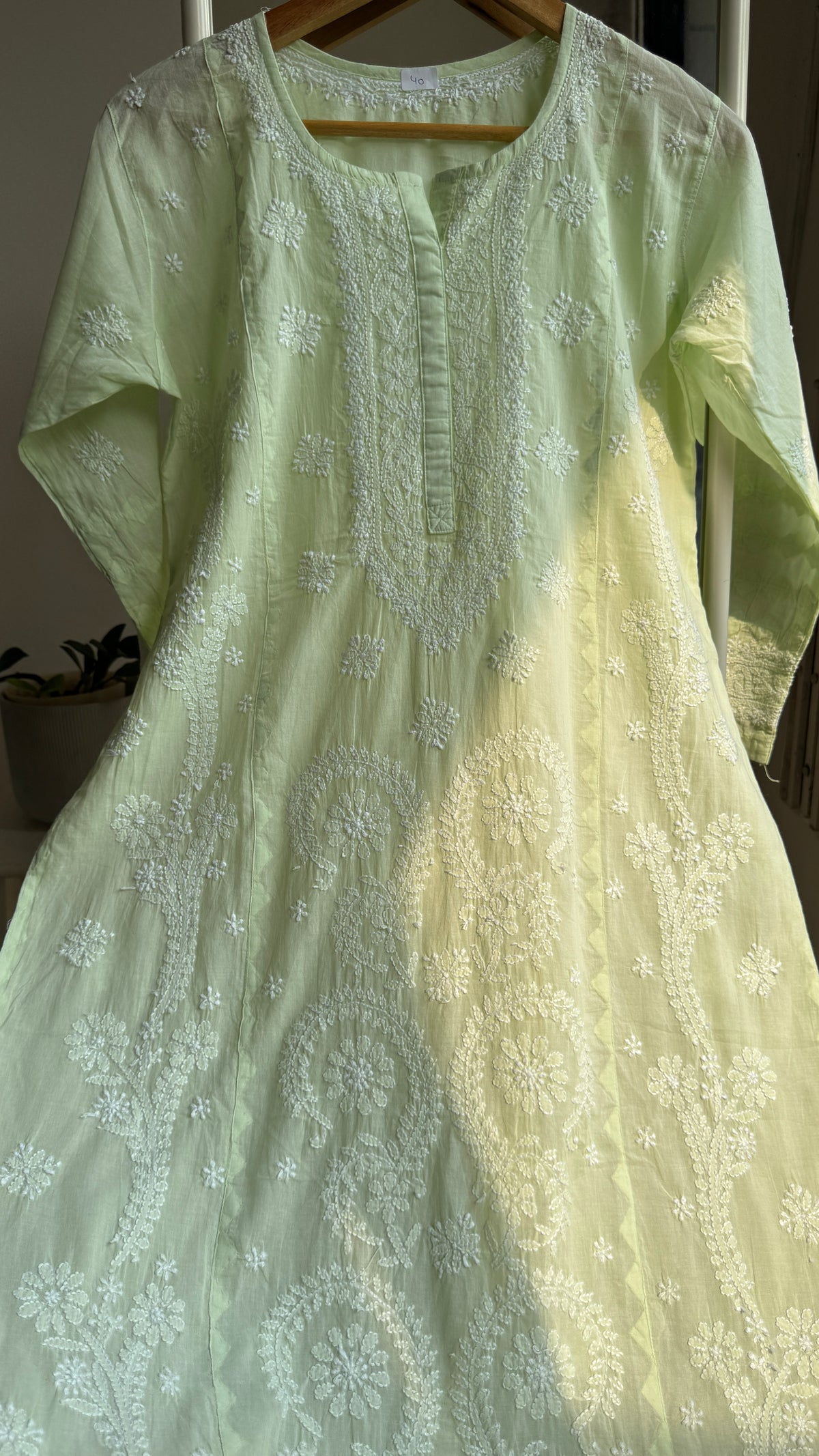 Mul Cotton Chikankari Kurti with white thread work - Green - Fiza Collection