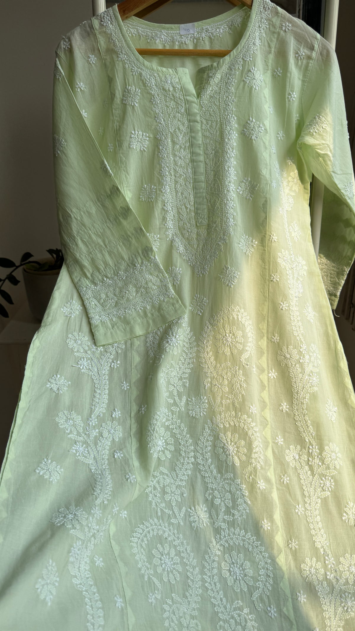 Mul Cotton Chikankari Kurti with white thread work - Green - Fiza Collection