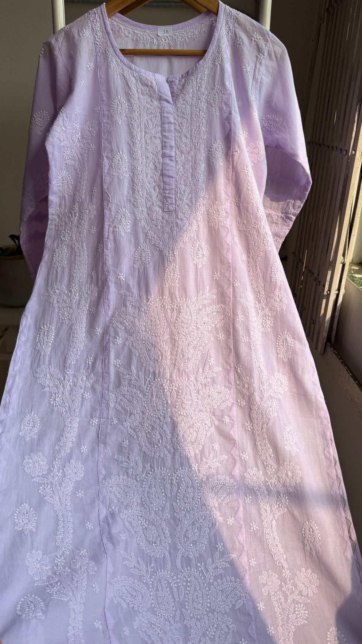 Mul Cotton Chikankari Kurti with white thread work - Lilac - Fiza Collection