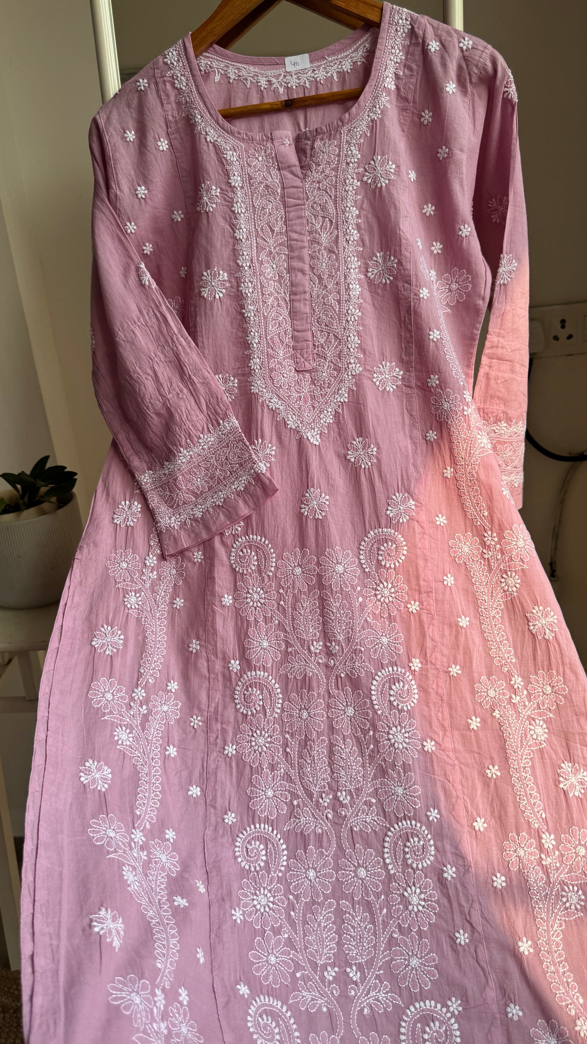 Mul Cotton Chikankari Kurti with white thread work - Mauve Pink - Fiza Collection