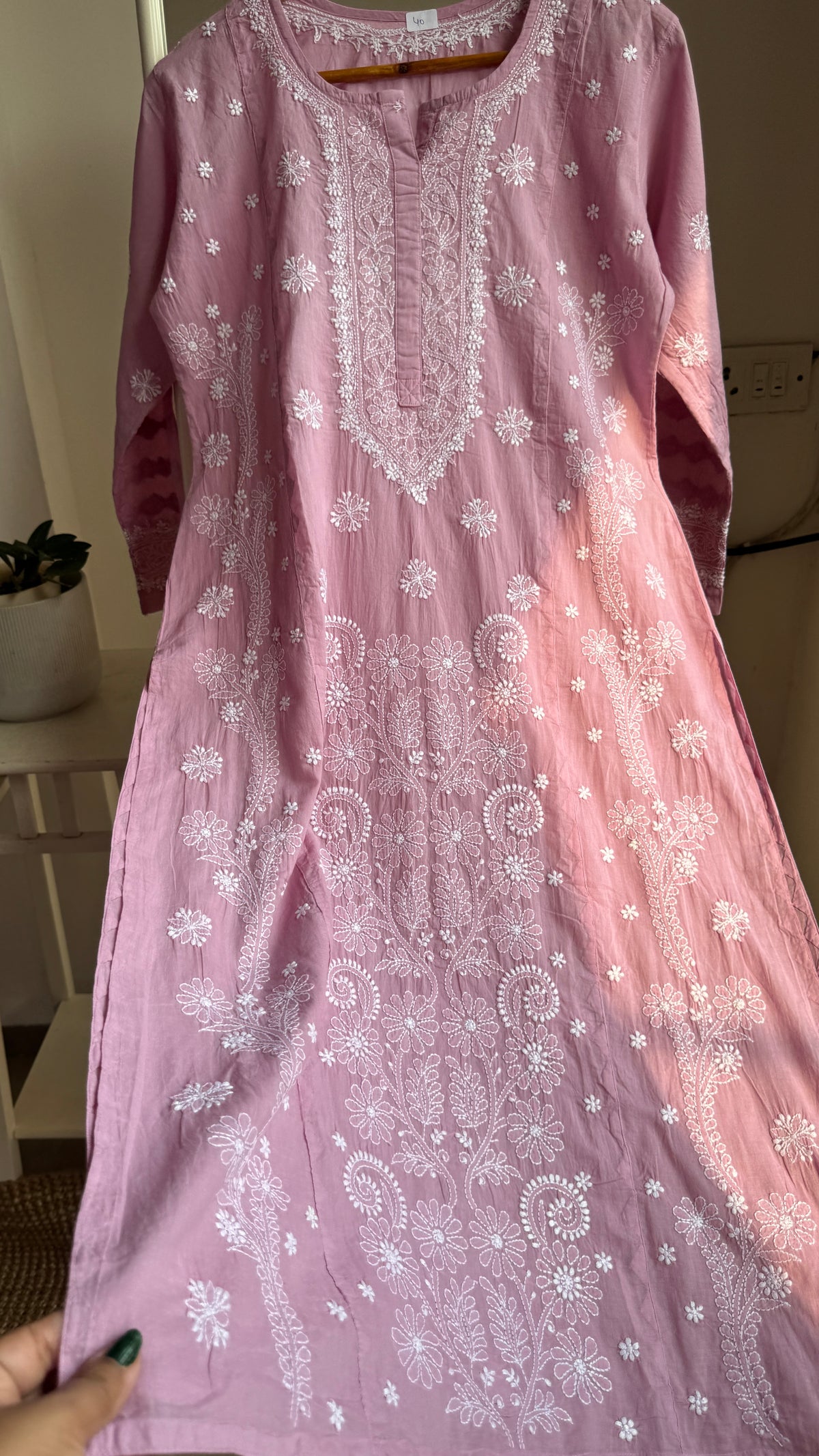 Mul Cotton Chikankari Kurti with white thread work - Mauve Pink - Fiza Collection