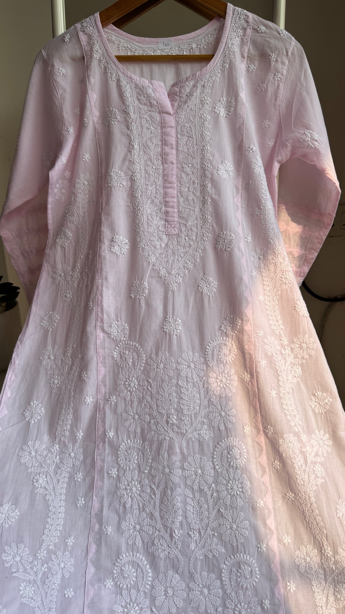 Mul Cotton Chikankari Kurti with white thread work - Pink - Fiza Collection