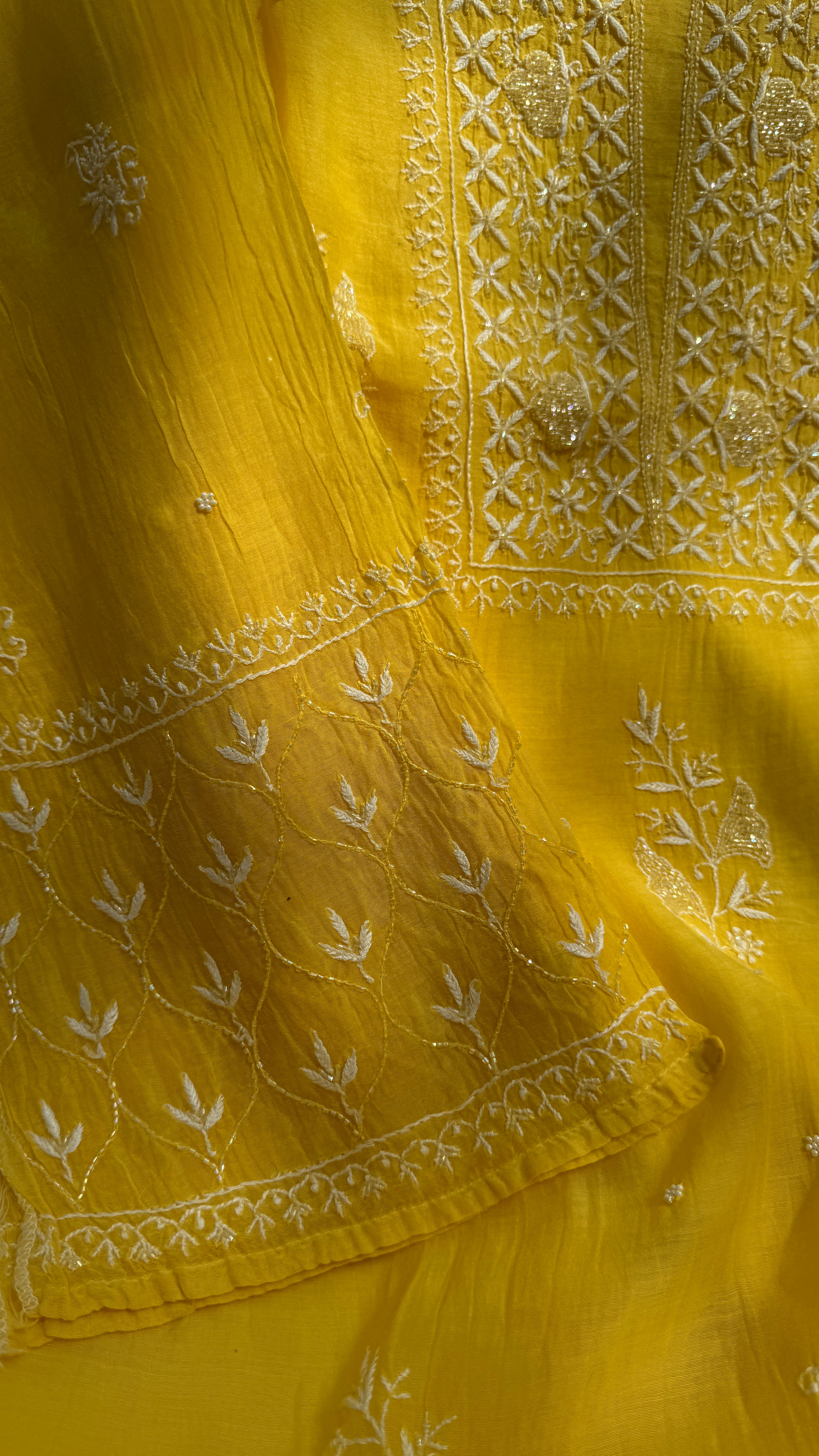 Mul Chanderi Chikankari - Unstitched Set - Yellow