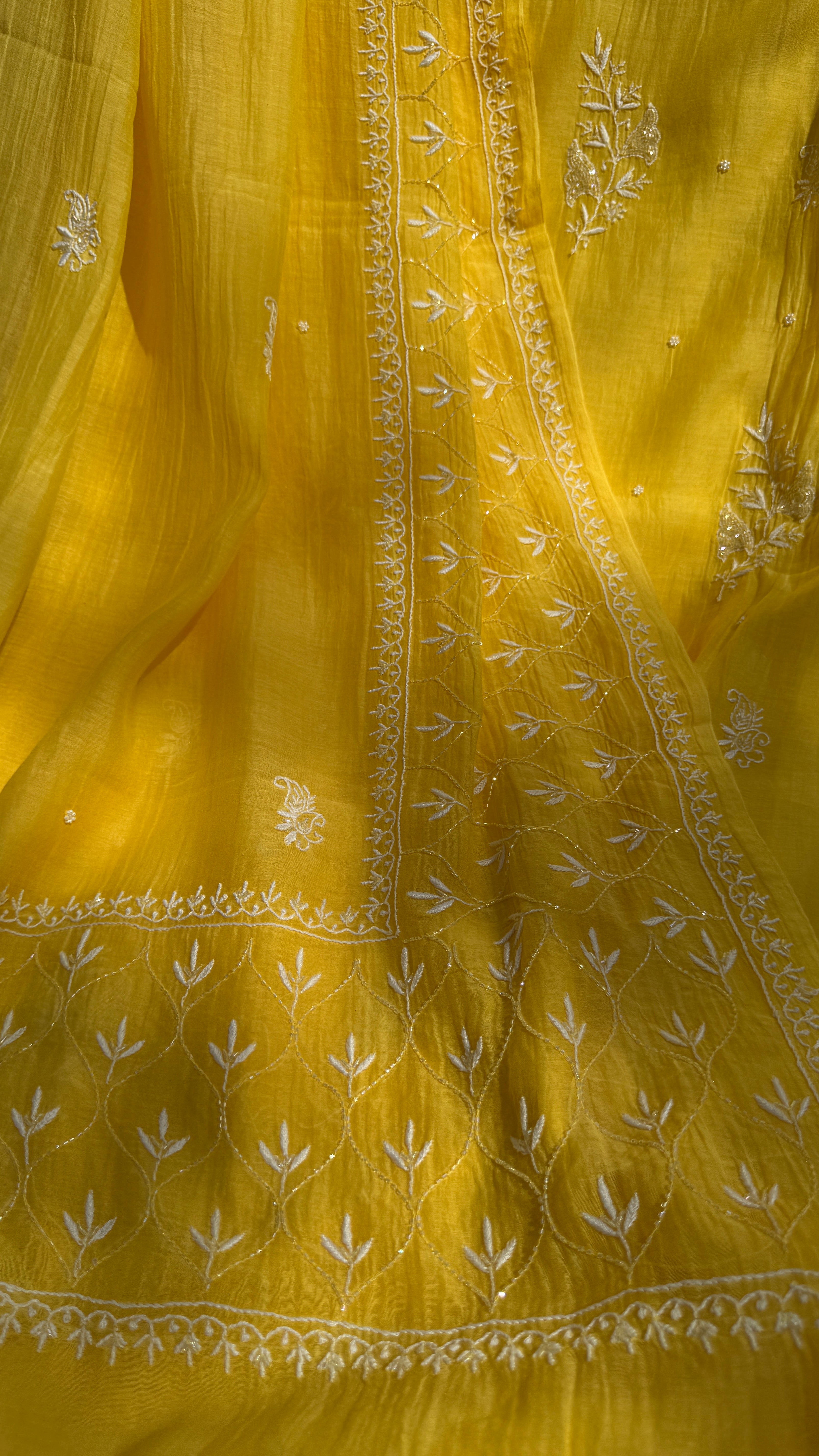 Mul Chanderi Chikankari - Unstitched Set - Yellow
