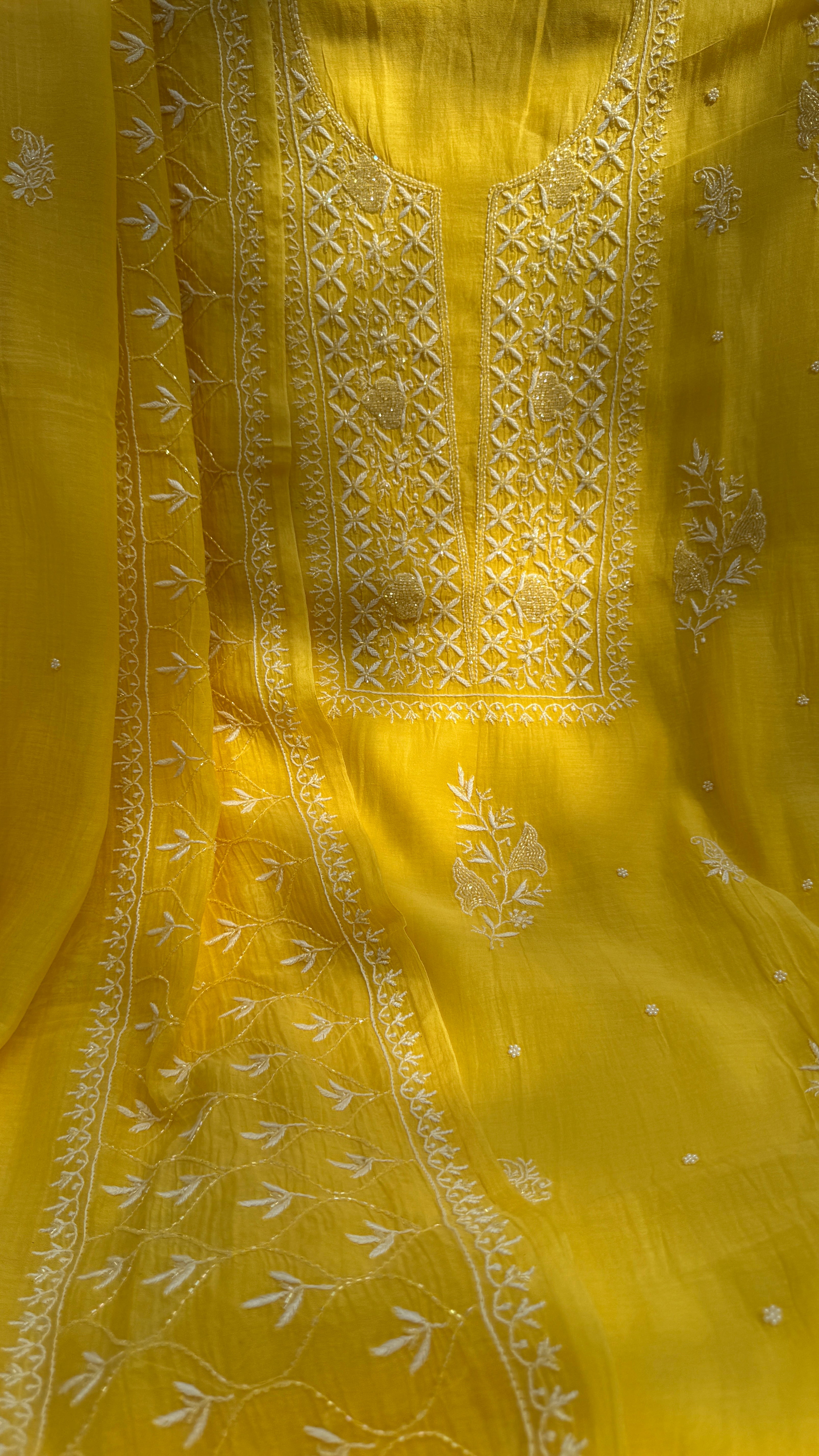 Mul Chanderi Chikankari - Unstitched Set - Yellow