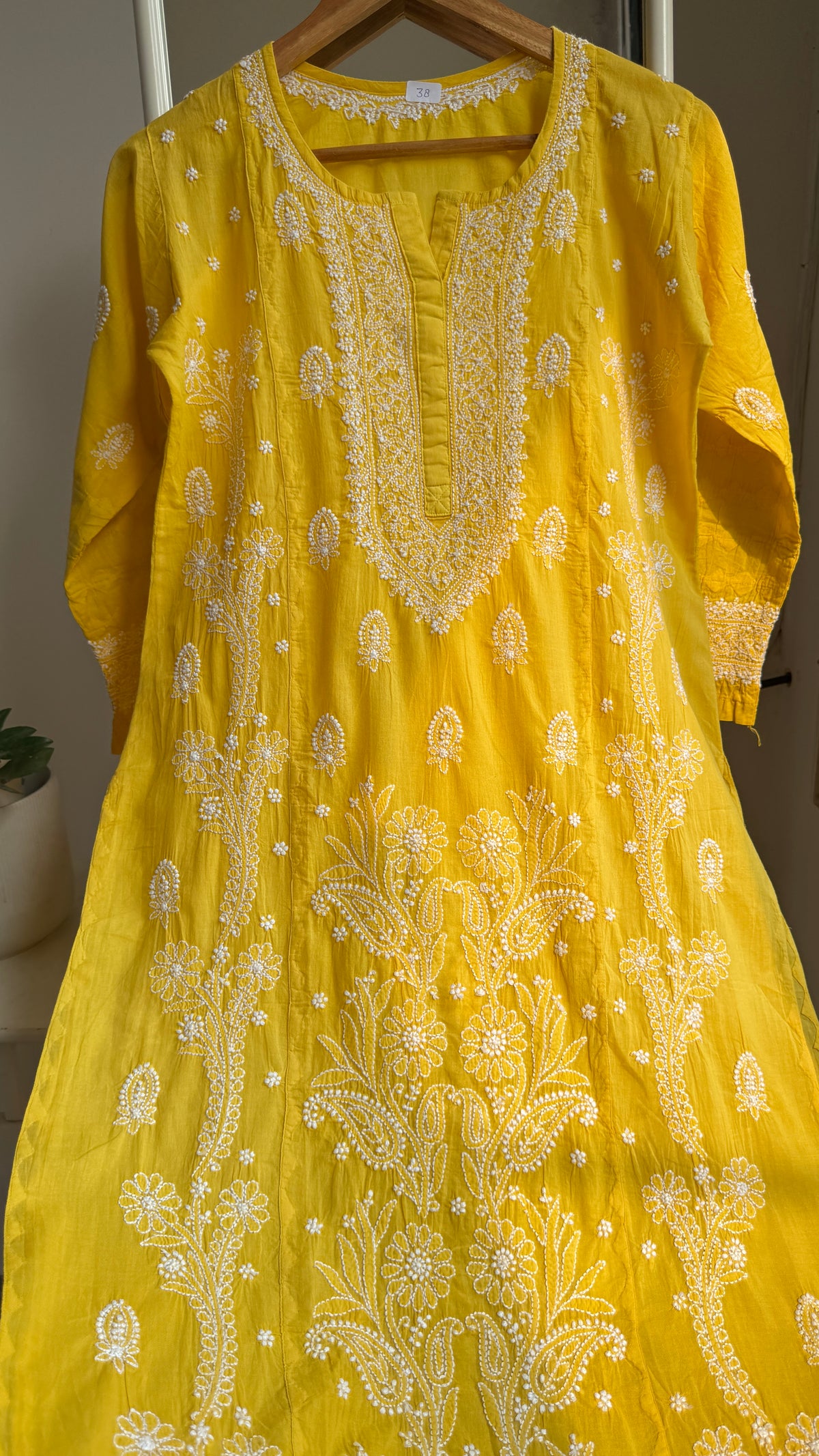Mul Cotton Chikankari Kurti with white thread work - Yellow - Fiza Collection