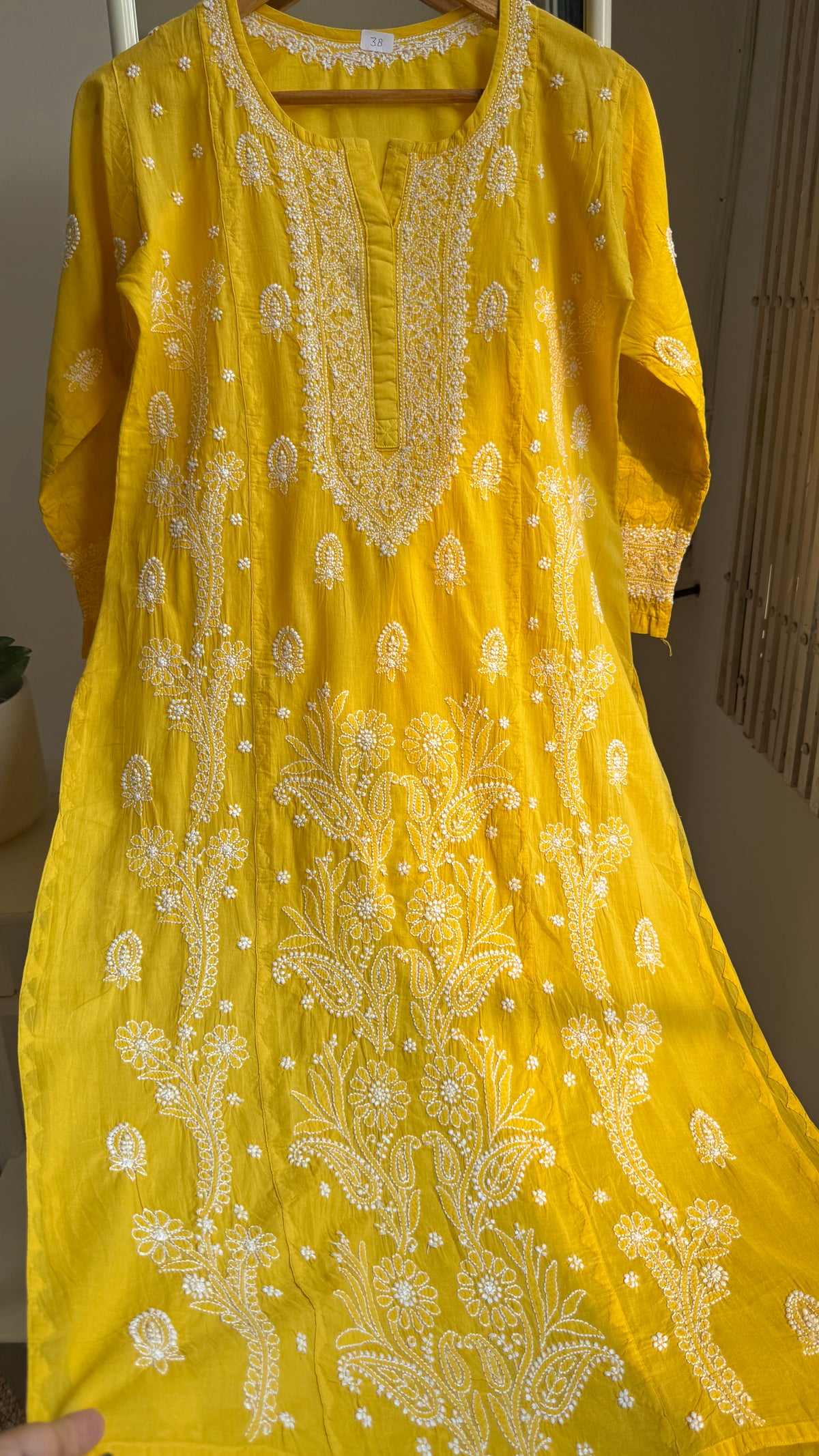 Mul Cotton Chikankari Kurti with white thread work - Yellow - Fiza Collection